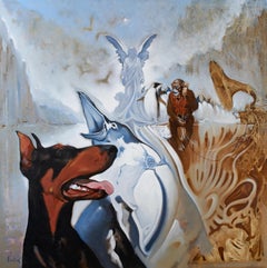 Dobermann & Grammophon. Öl auf Leinwand, 90 x 90 cm