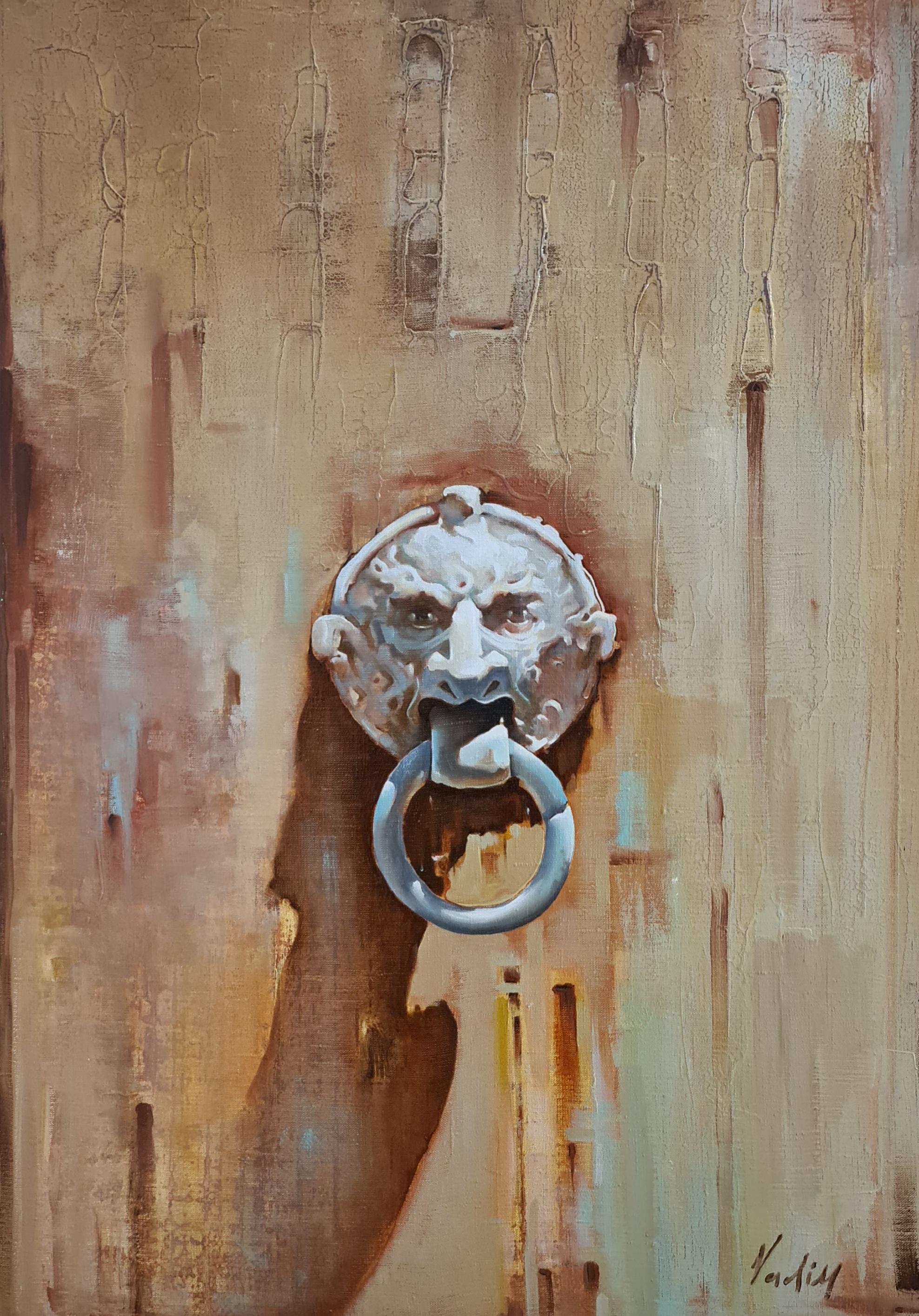 Vadim Kovalev Interior Painting - Doors knocker. Oil on canvas, 90x63 cm