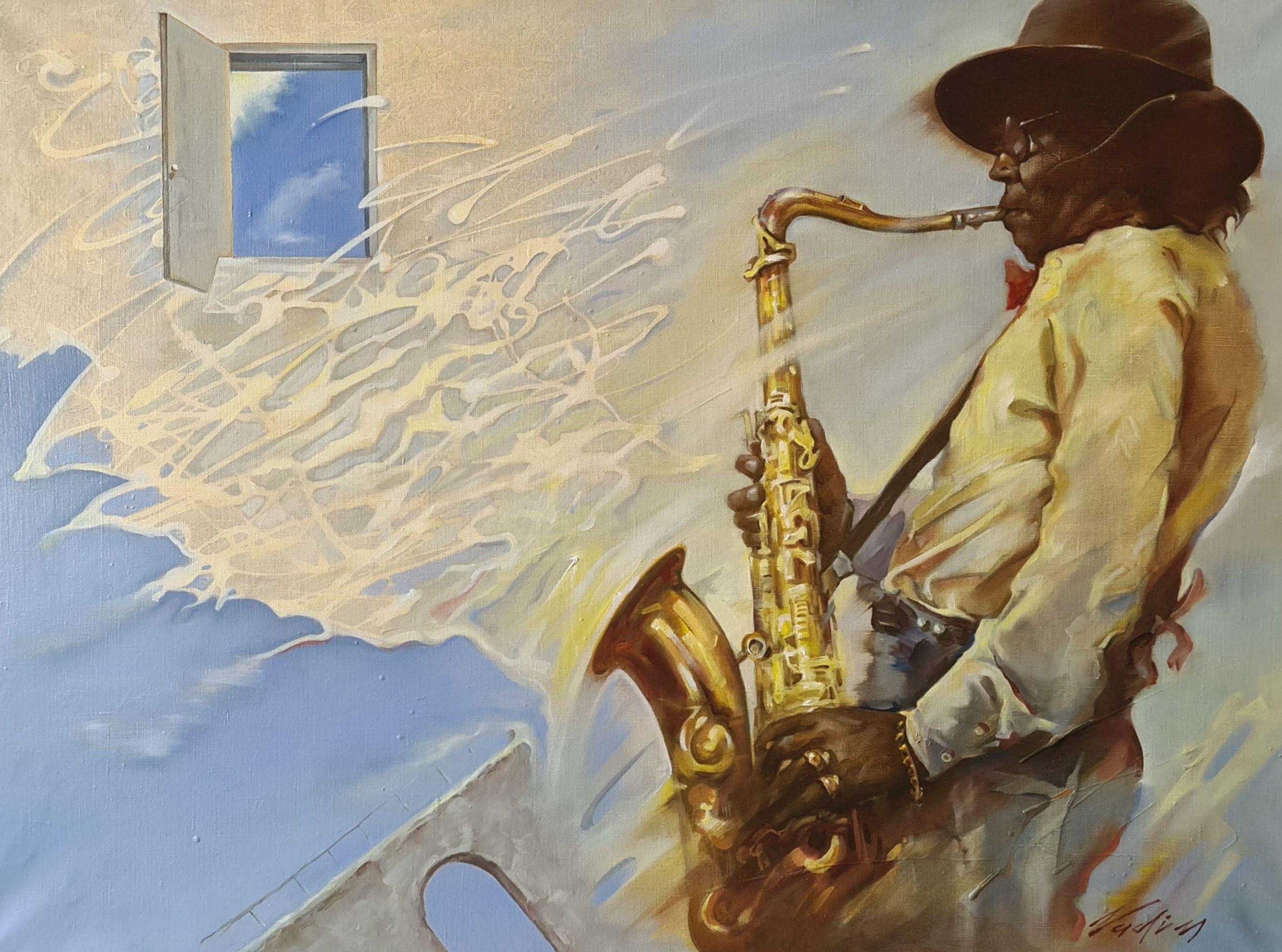 Vadim Kovalev Figurative Painting - Jazz. Man with saxophone. Oil on canvas. 73x100 cm