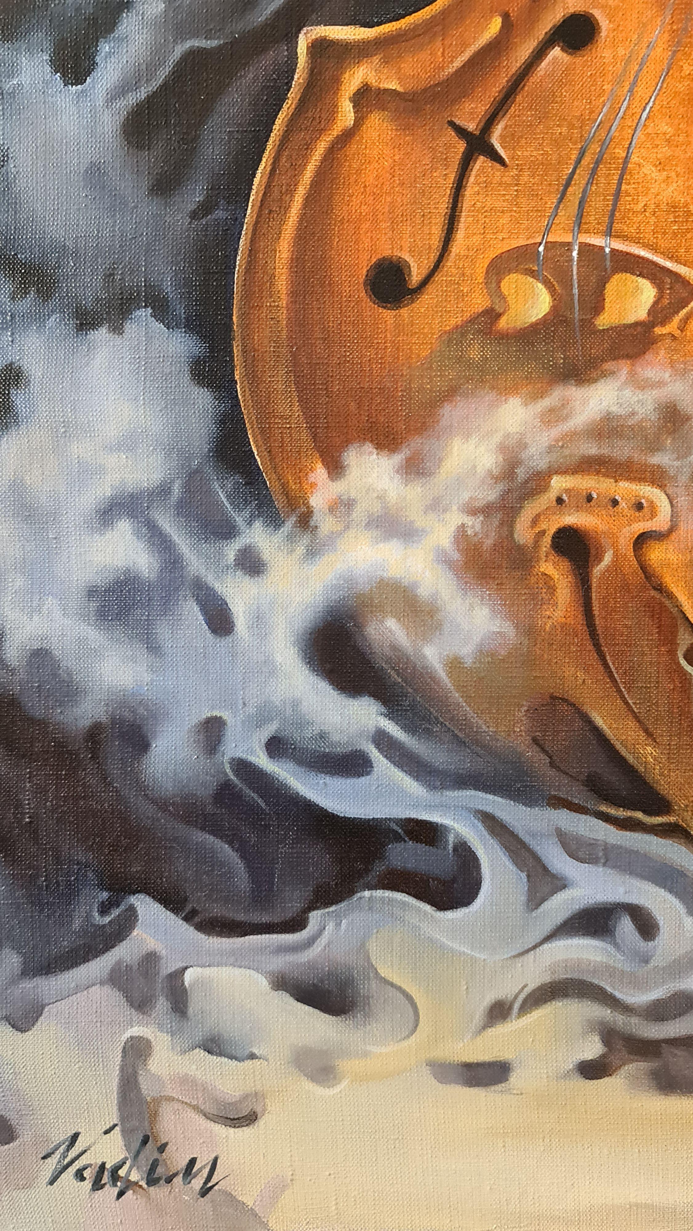 Muddle. Composition with violins and seagull. 2014. Oil on canvas, 100x80 cm - Surrealist Painting by Vadim Kovalev