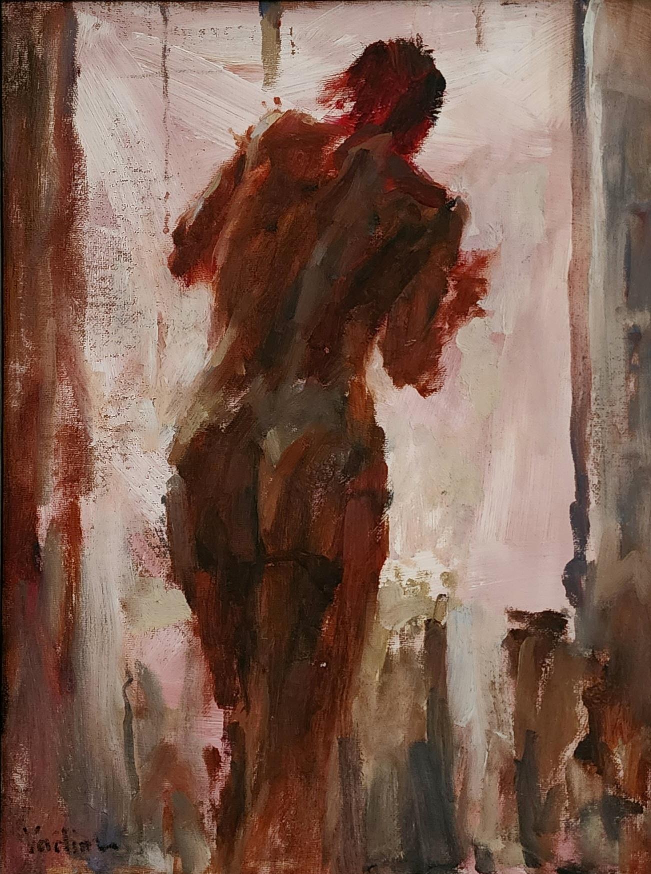 Looking Out, peinture à l'huile, impressionnisme, Académie des arts figuratifs de Los Angeles - Marron Figurative Painting par Vadim Zang