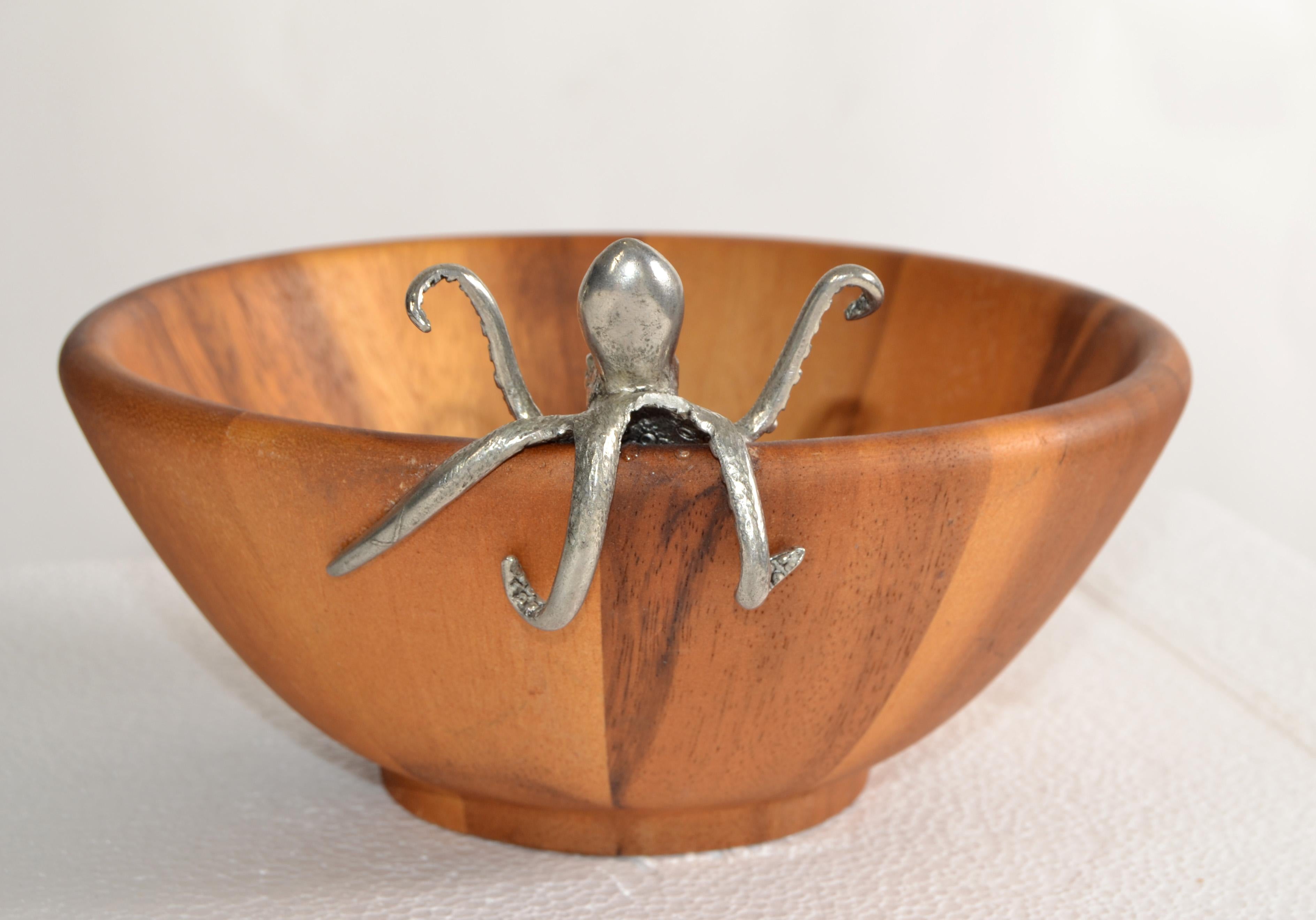 Contemporary Vagabond House Acacia Wood Sea Life Octopus Salad Bowl Nautical Arts and Crafts  For Sale