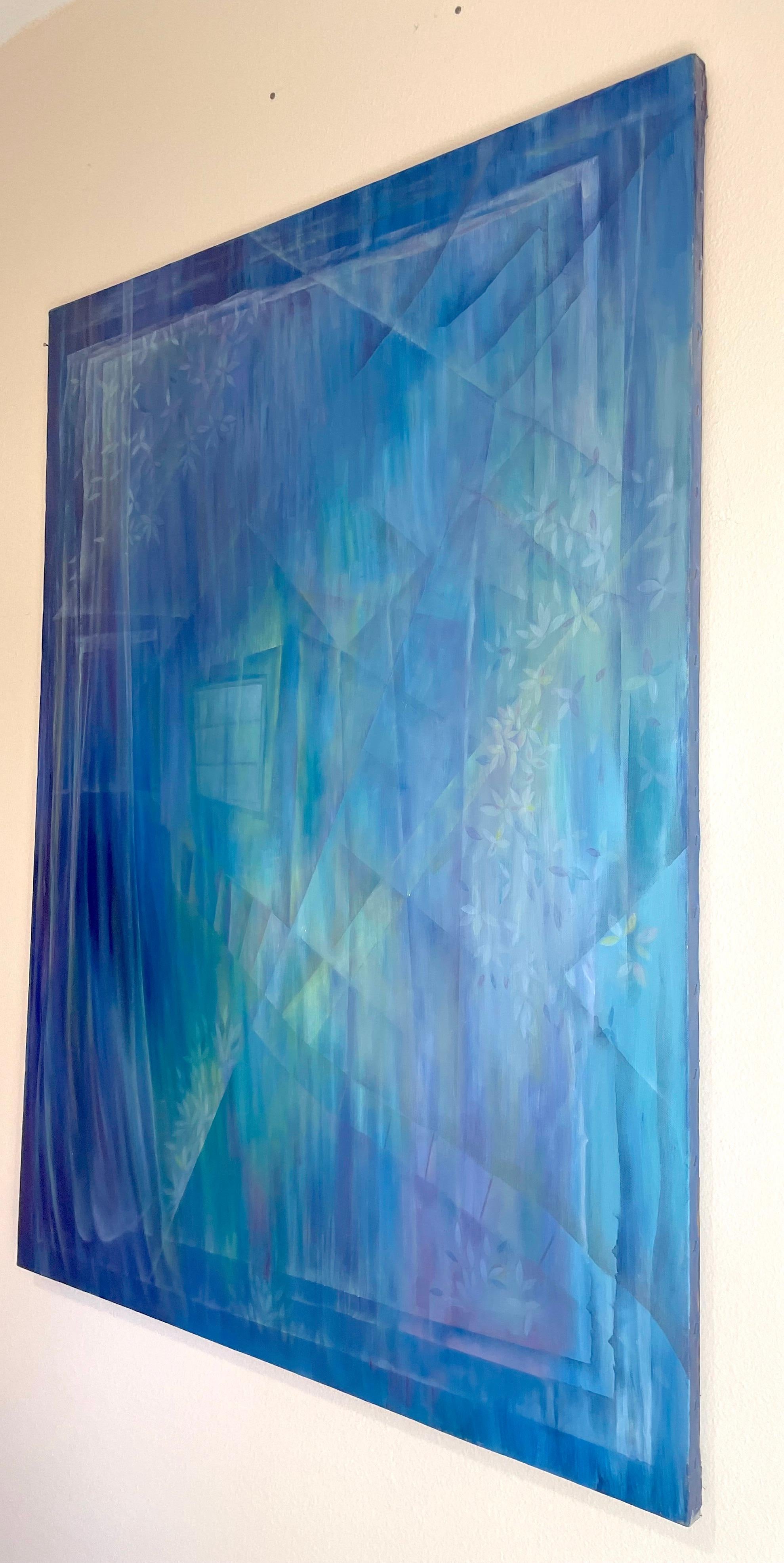 Unser Haus, Abstrakt, blau, Original-Ölgemälde, hängefertig – Painting von Vahagn Ghaltaghchyan
