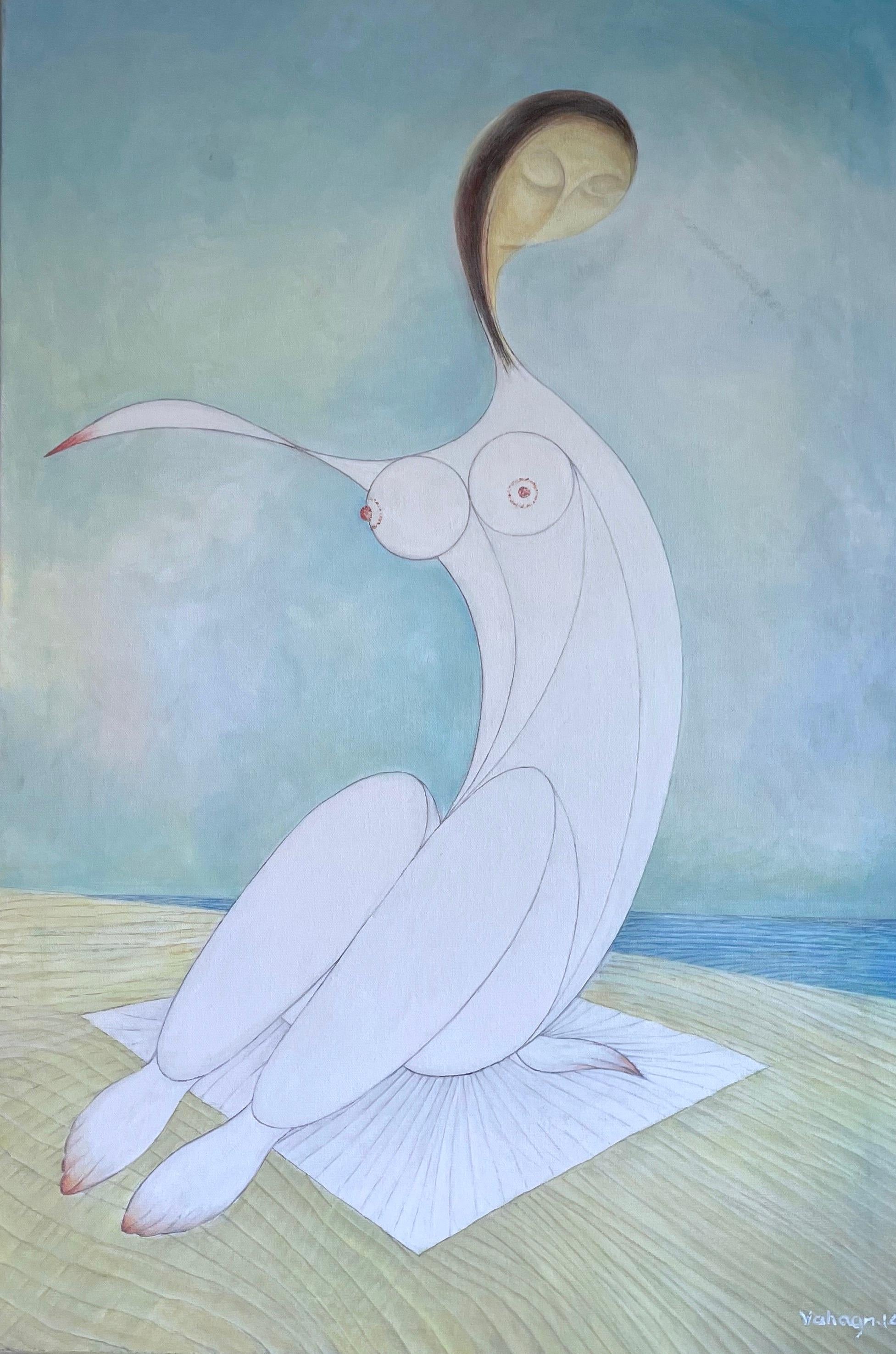 Woman by the Sea, figuratif abstrait, peinture à l'huile originale, prête à être accrochée