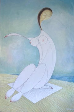 Woman by the Sea, figuratif abstrait, peinture à l'huile originale, prête à être accrochée