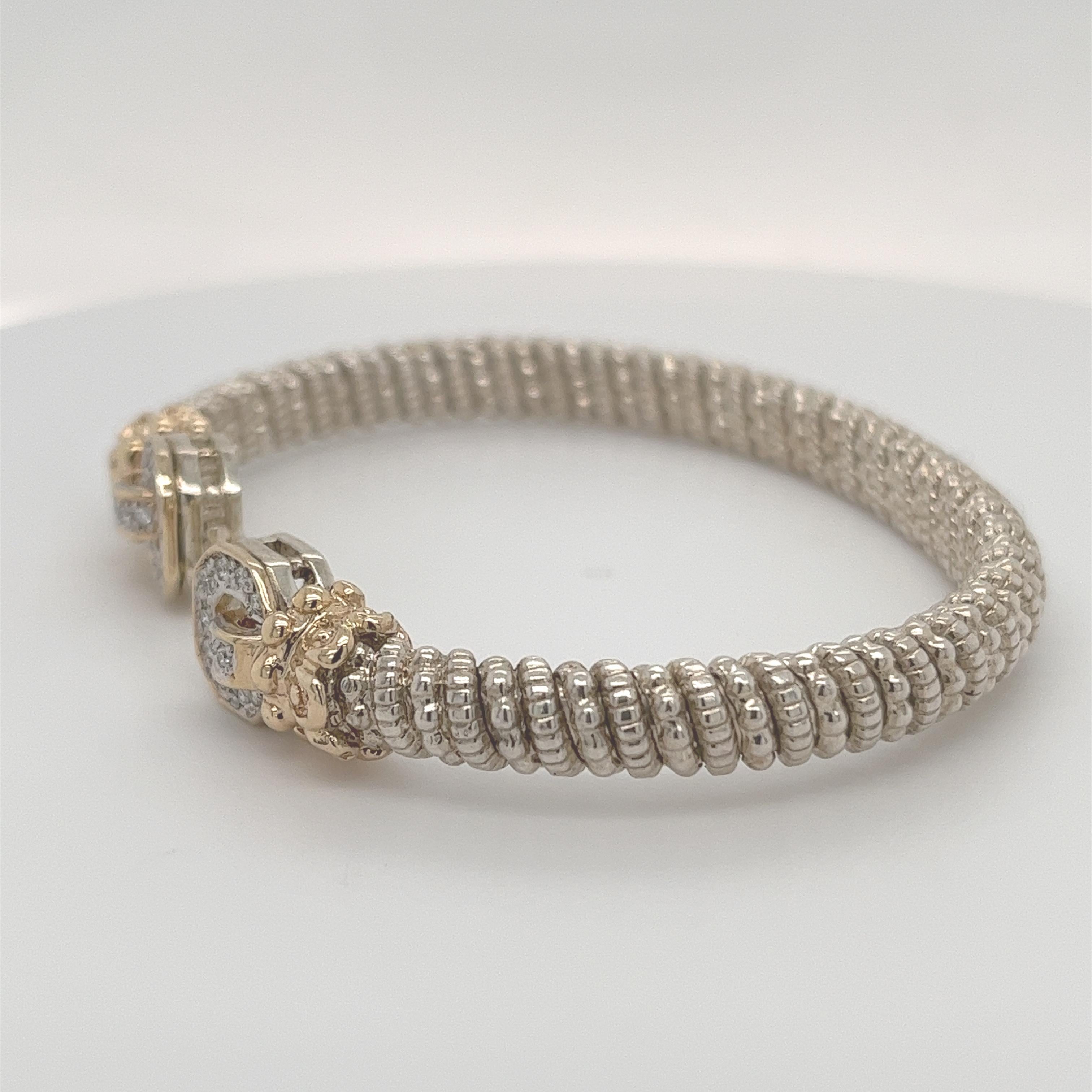 Vahan Open Bangle Bracelet with Diamonds in 14K Yellow Gold and Silver For Sale 3