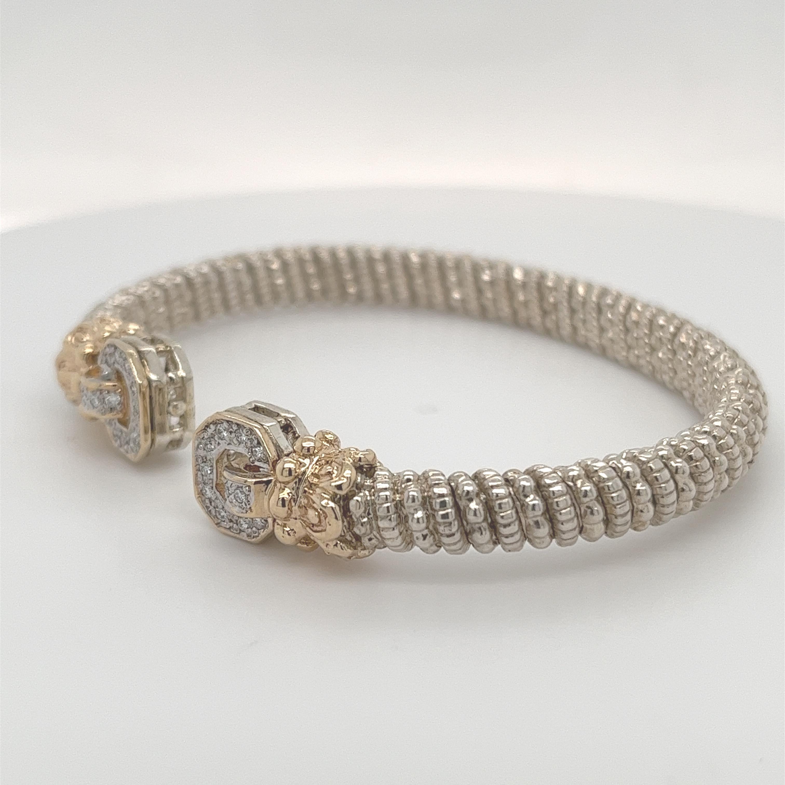 Vahan Open Bangle Bracelet with Diamonds in 14K Yellow Gold and Silver For Sale 4
