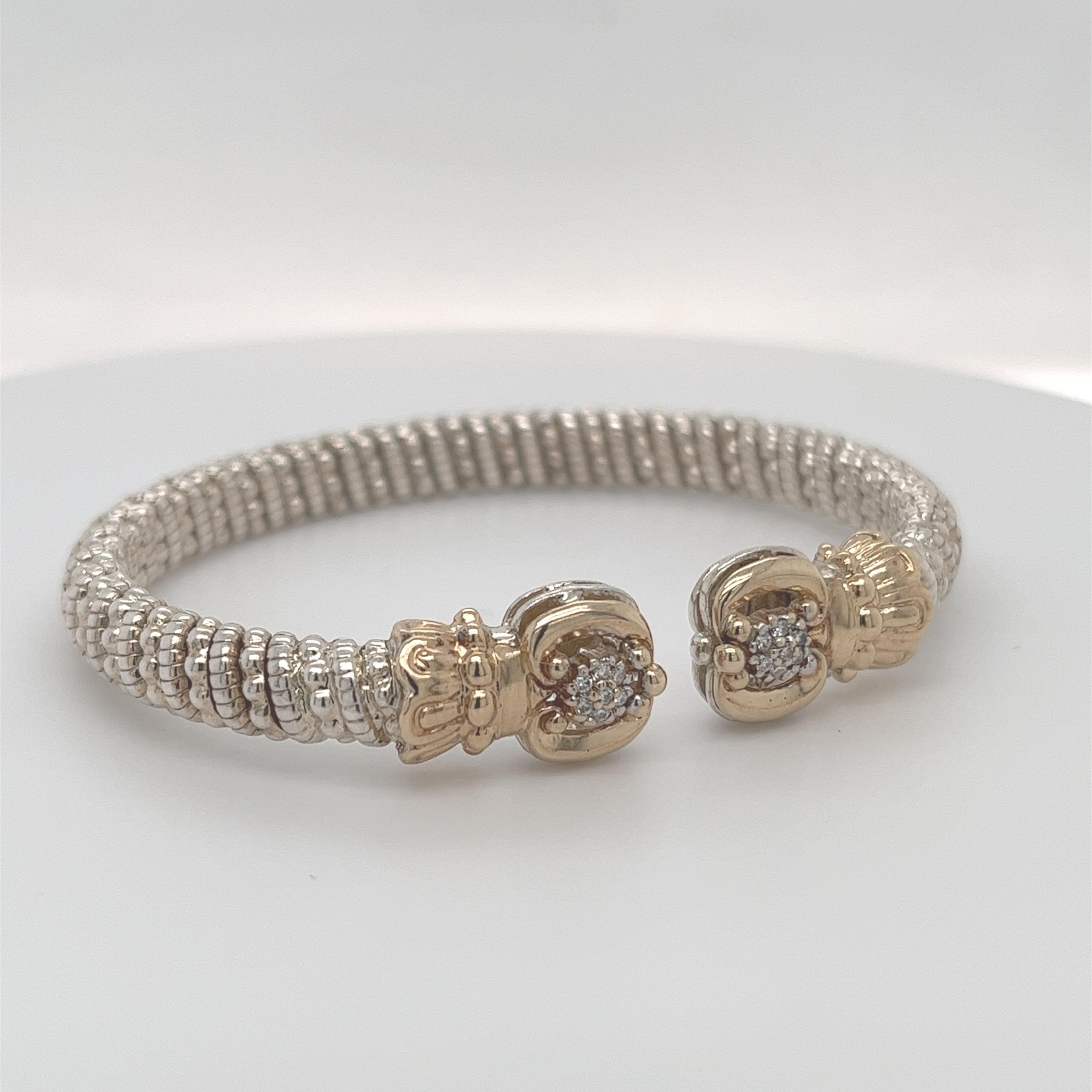 Vahan Open Bangle Bracelet with Diamonds in 14K Yellow Gold and Silver For Sale 7