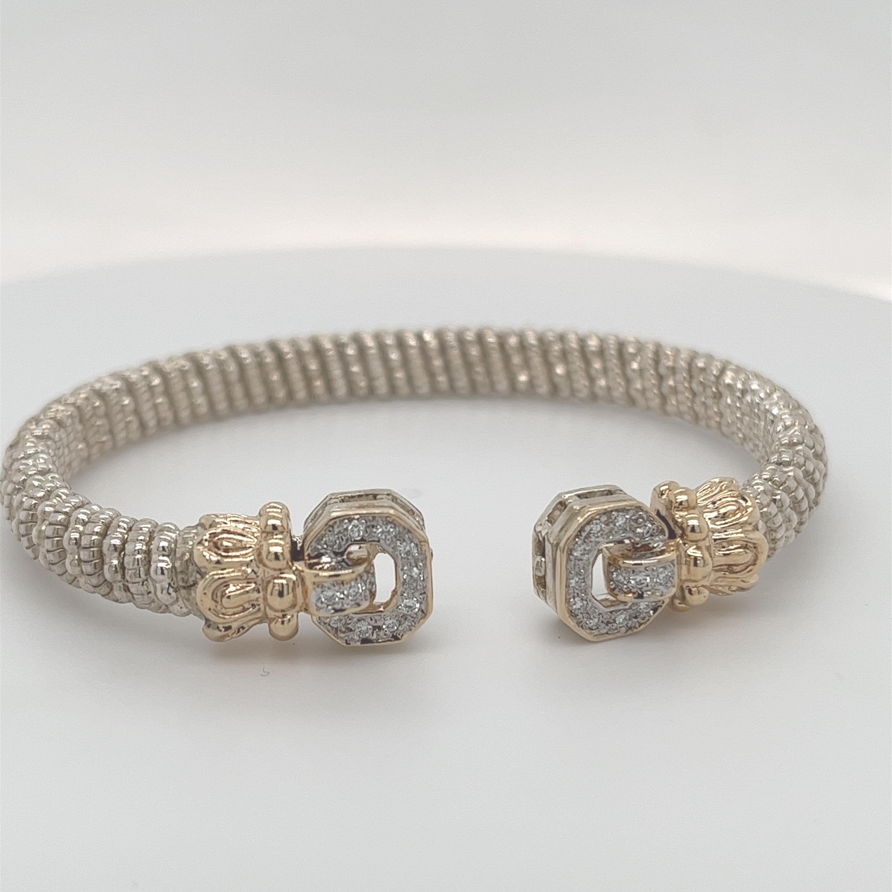 Vahan Open Bangle Bracelet with Diamonds in 14K Yellow Gold and Silver For Sale 8