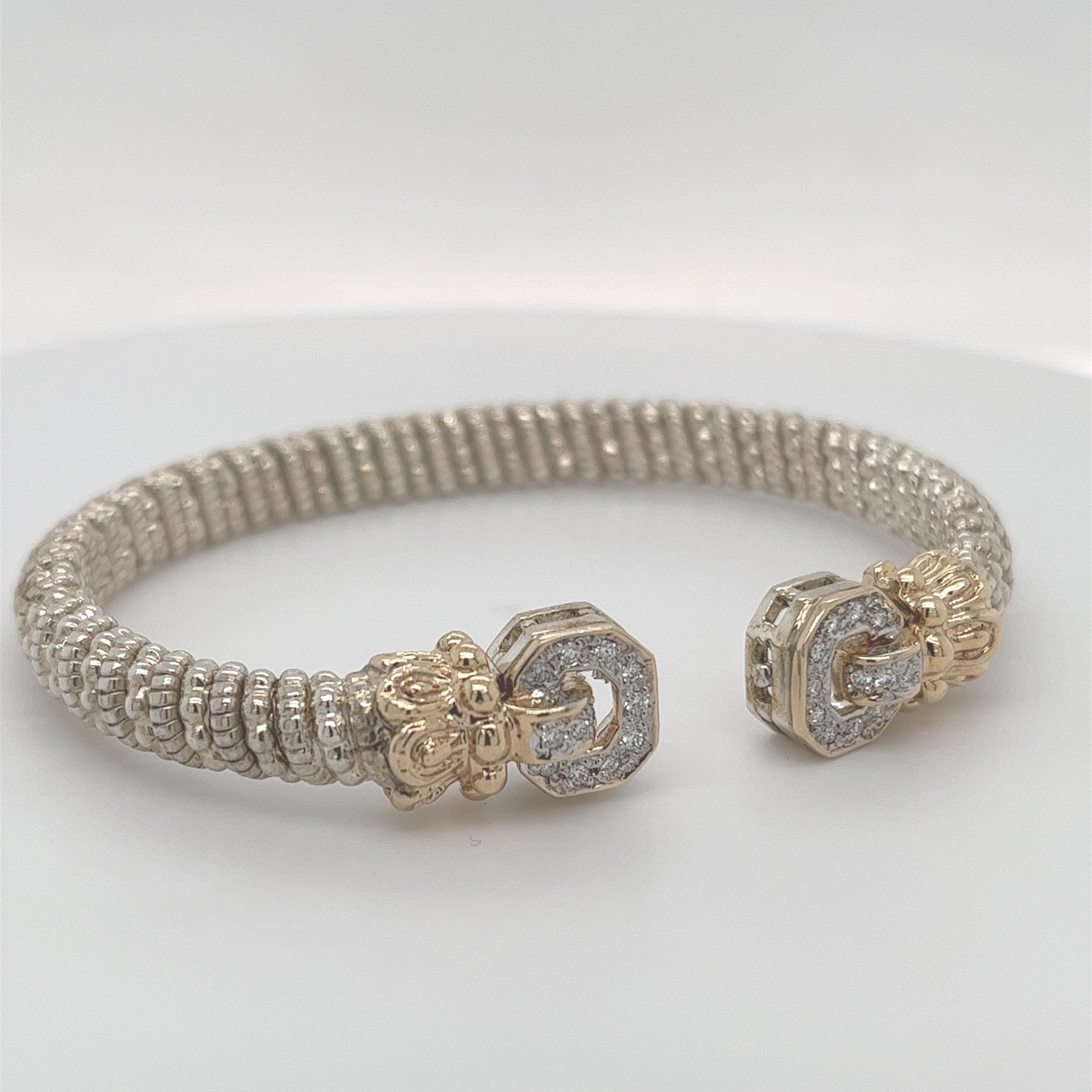 Vahan Open Bangle Bracelet with Diamonds in 14K Yellow Gold and Silver For Sale 9
