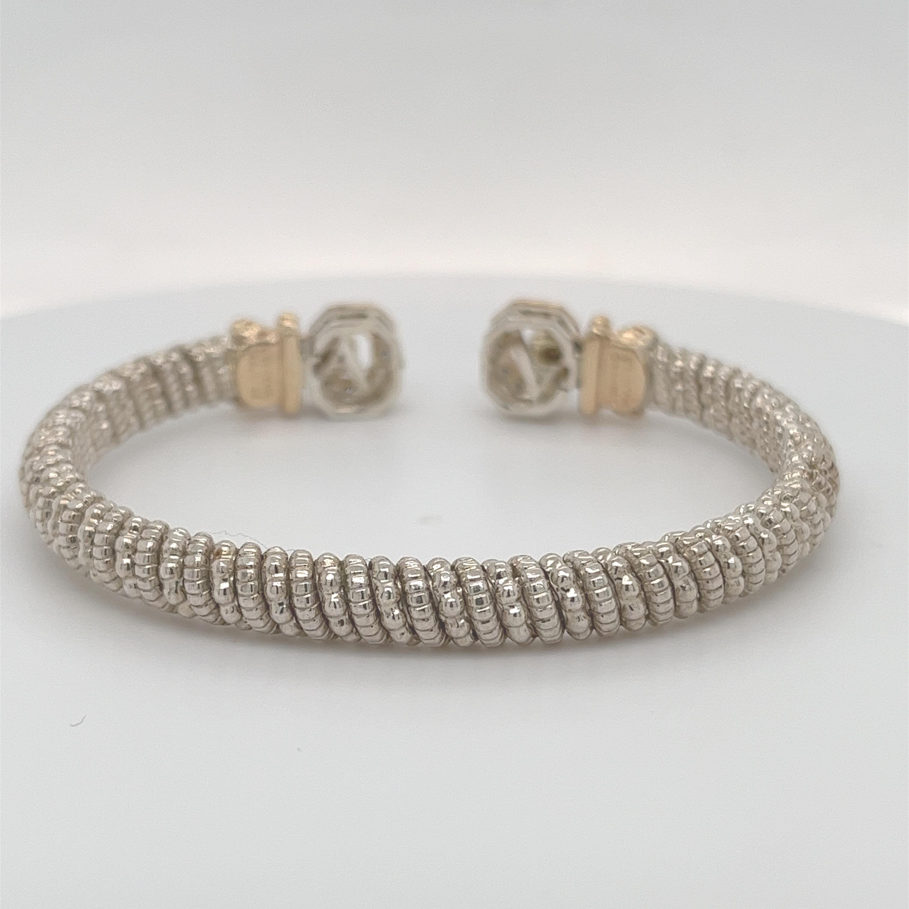 Modern Vahan Open Bangle Bracelet with Diamonds in 14K Yellow Gold and Silver For Sale
