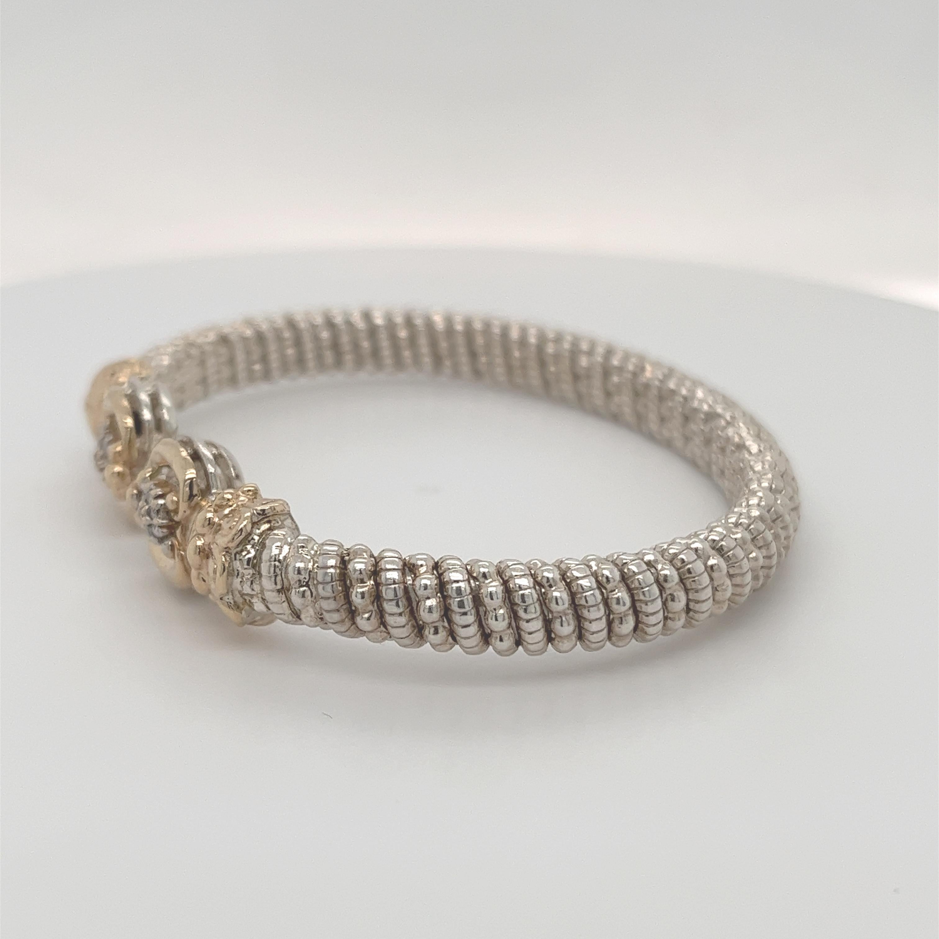 Vahan Open Bangle Bracelet with Diamonds in 14K Yellow Gold and Silver For Sale 2