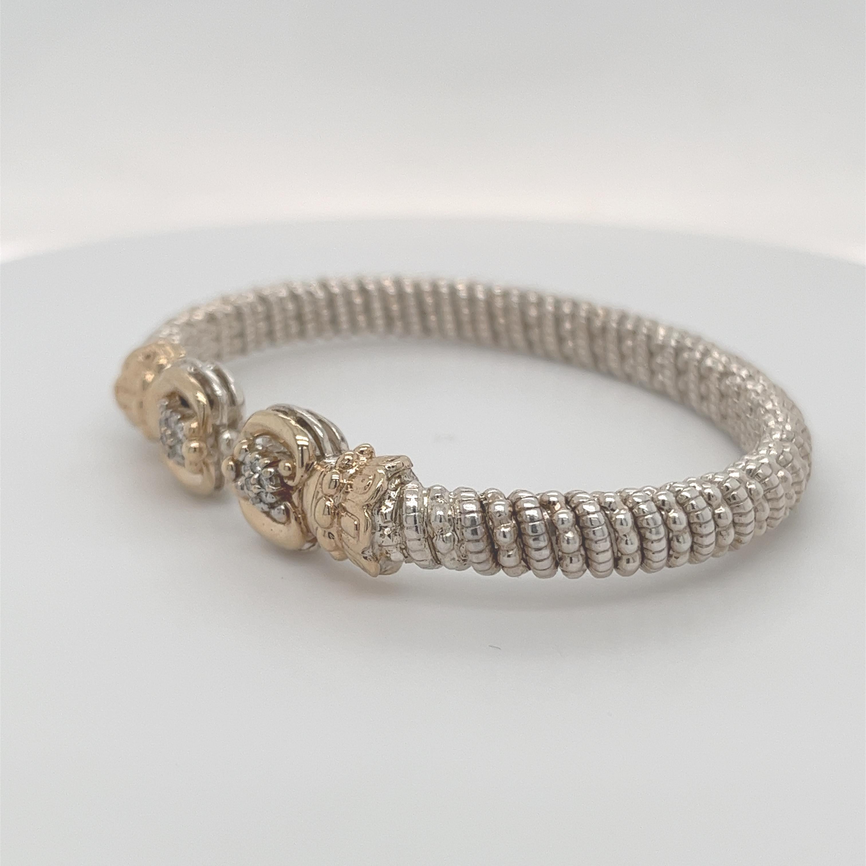 Vahan Open Bangle Bracelet with Diamonds in 14K Yellow Gold and Silver For Sale 3