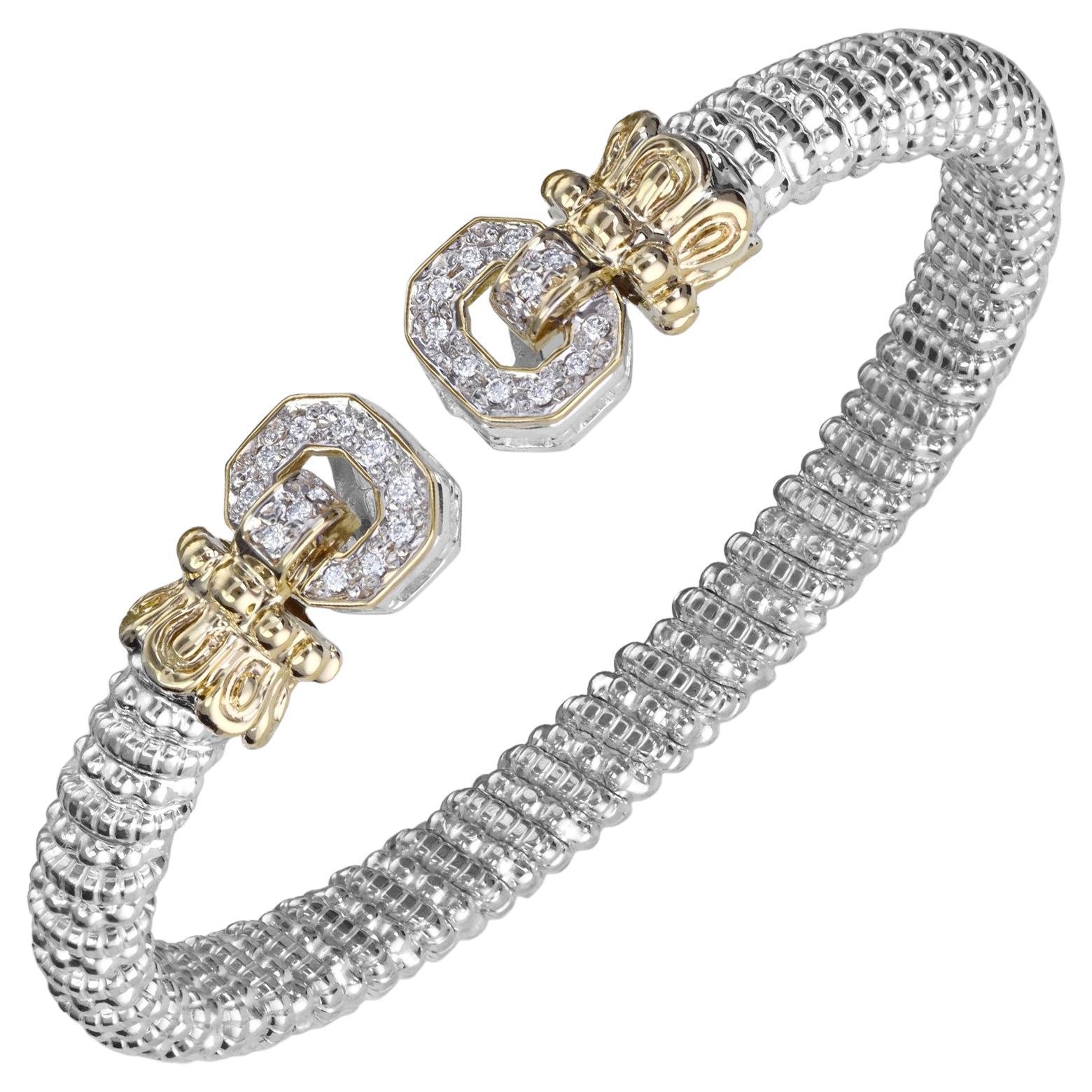 Vahan Open Bangle Bracelet with Diamonds in 14K Yellow Gold and Silver For Sale
