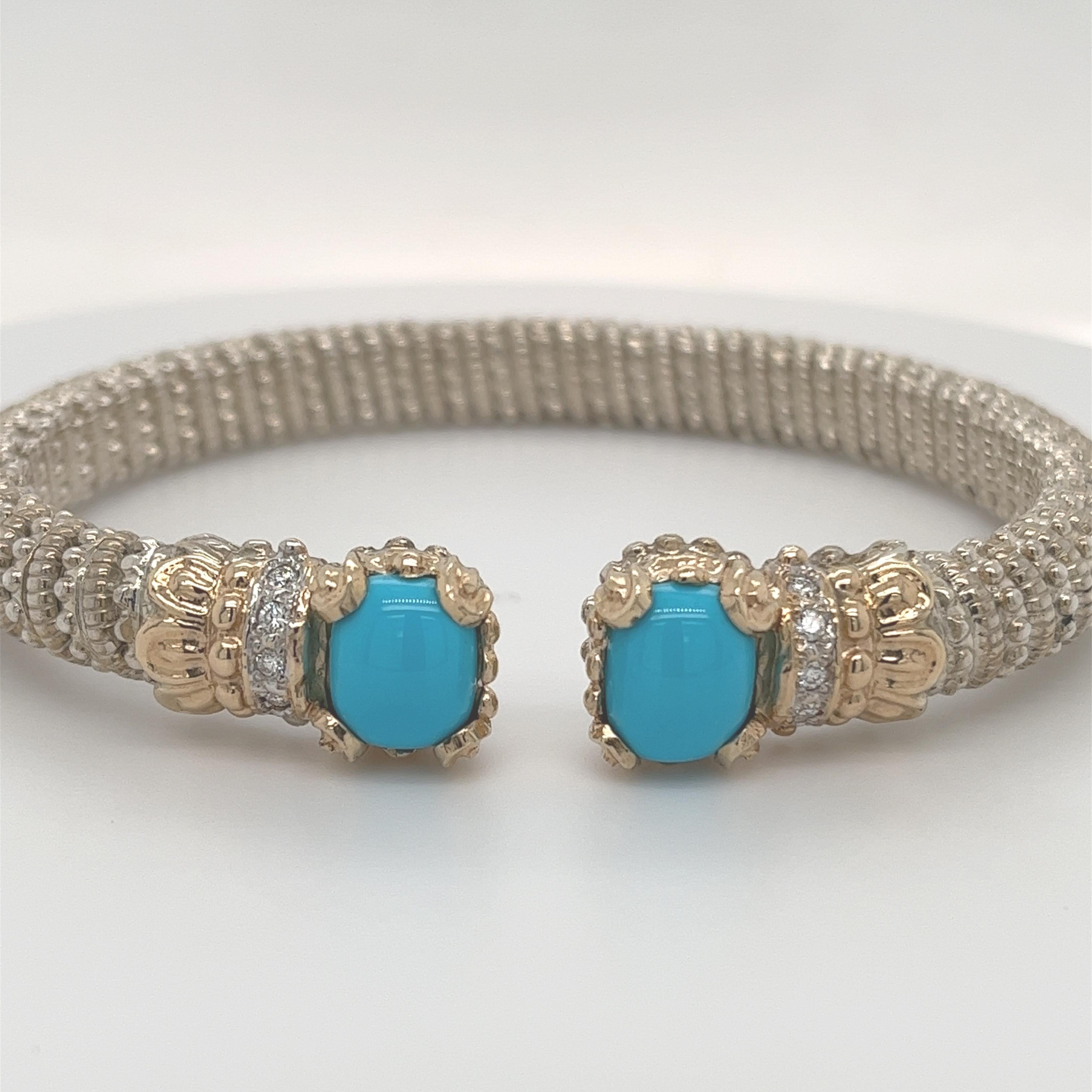 Vahan Open Bangle Bracelet Diamonds & Turquoise 14K Gold & Silver In New Condition In Lumberton, TX