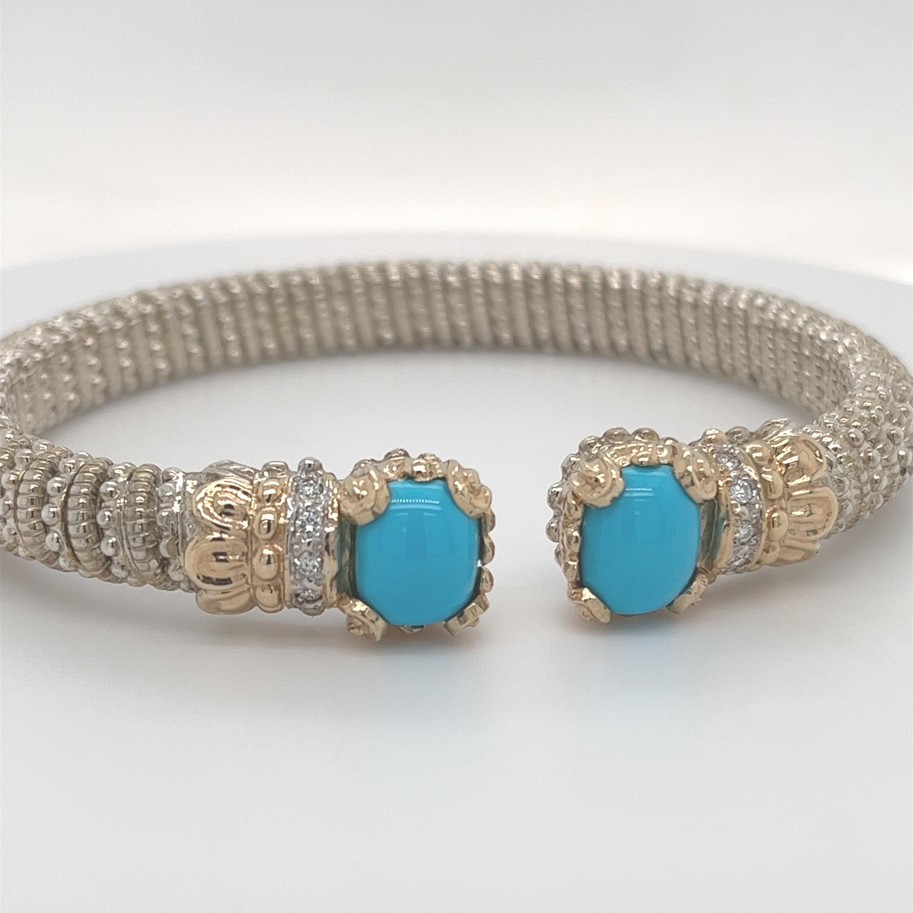 Women's Vahan Open Bangle Bracelet Diamonds & Turquoise 14K Gold & Silver