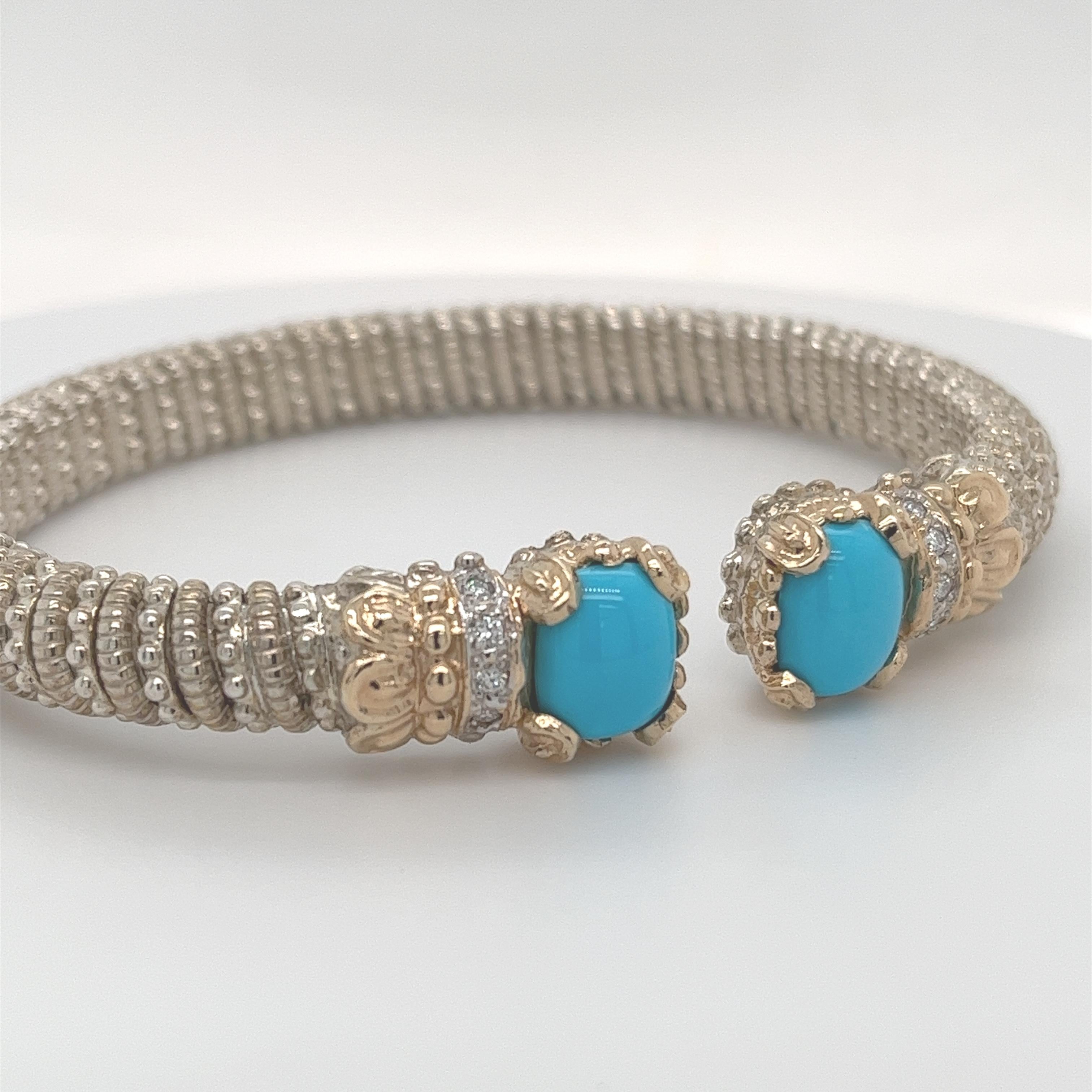 Vahan Open Bangle Bracelet Diamonds & Turquoise 14K Gold & Silver 1