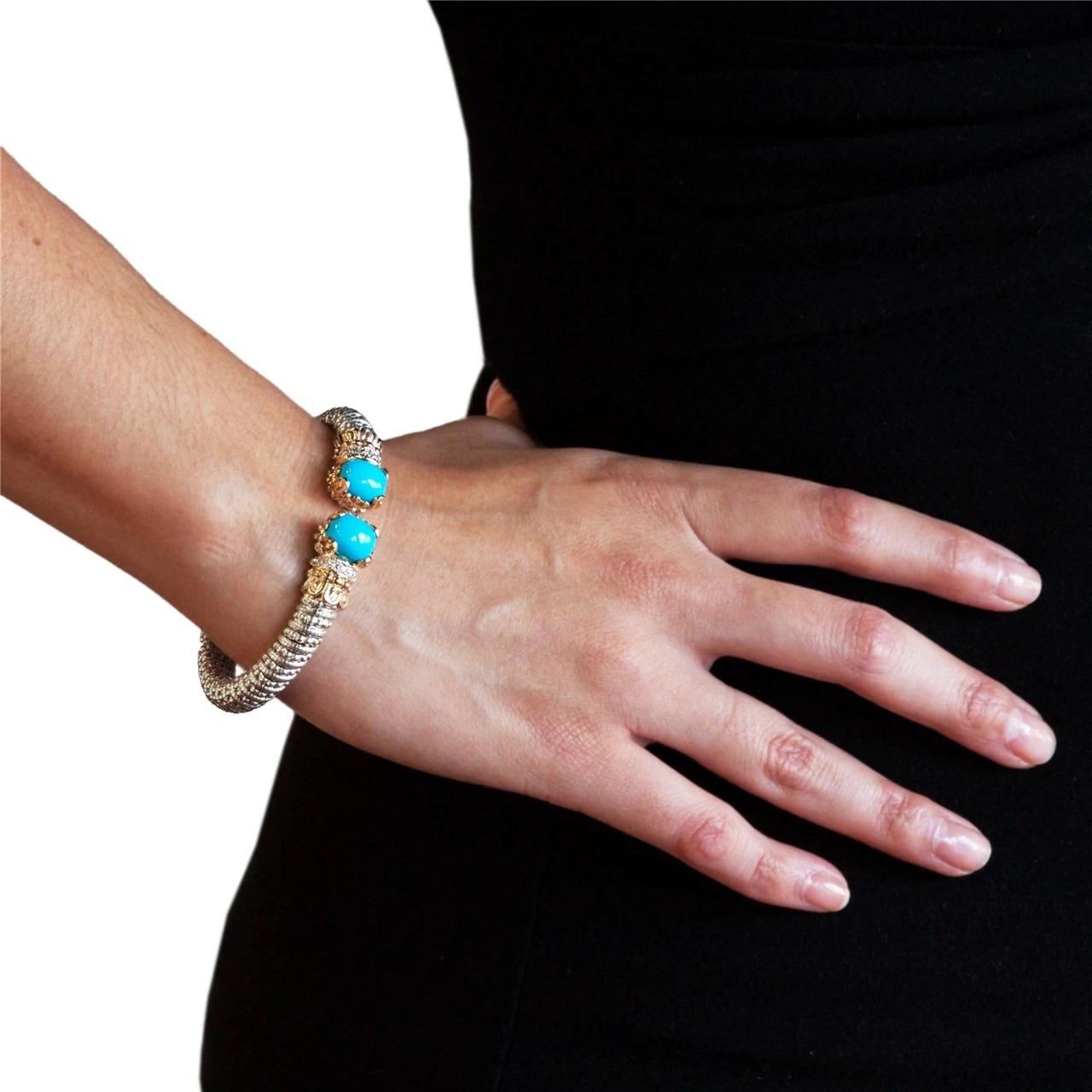Modern Vahan Open Bangle Bracelet Diamonds & Turquoise 14K Gold & Silver