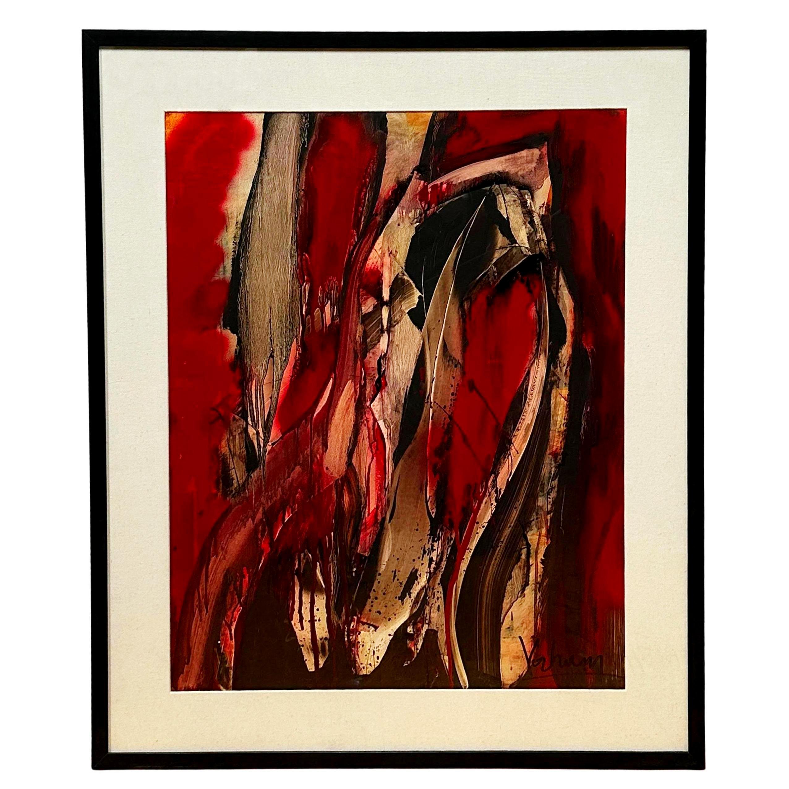 "Passion," an untitled abstract oil painting on thick paper signed in the back by Armenian painter Vahan Yervandyan. 
It is a dynamic and powerful piece dominated by shades of red in bold vertical brushstrokes. Intertwined with black and white