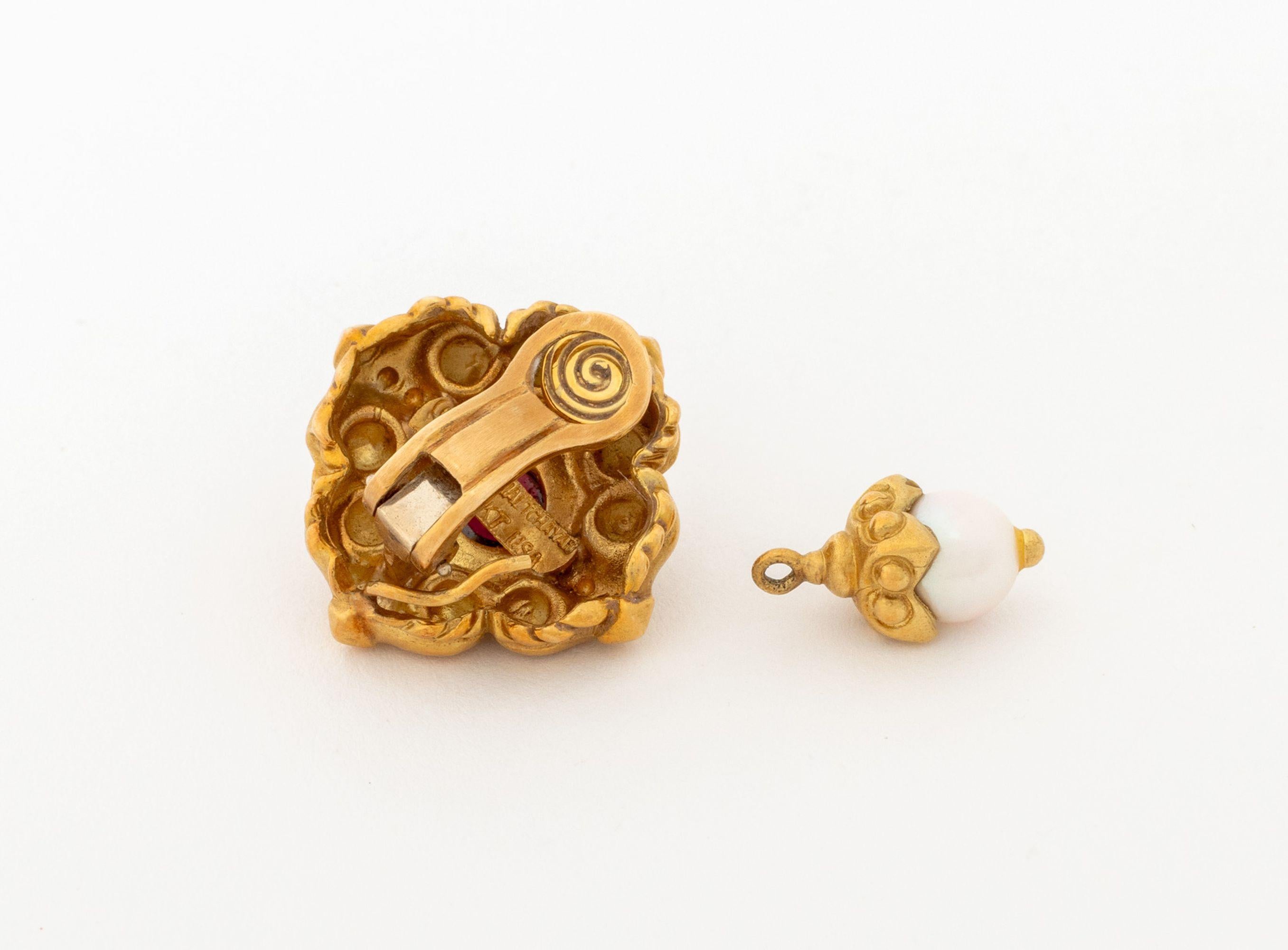 Taglio rotondo Orecchini di perle Rubellite Vahe Naltchayan 18K in vendita