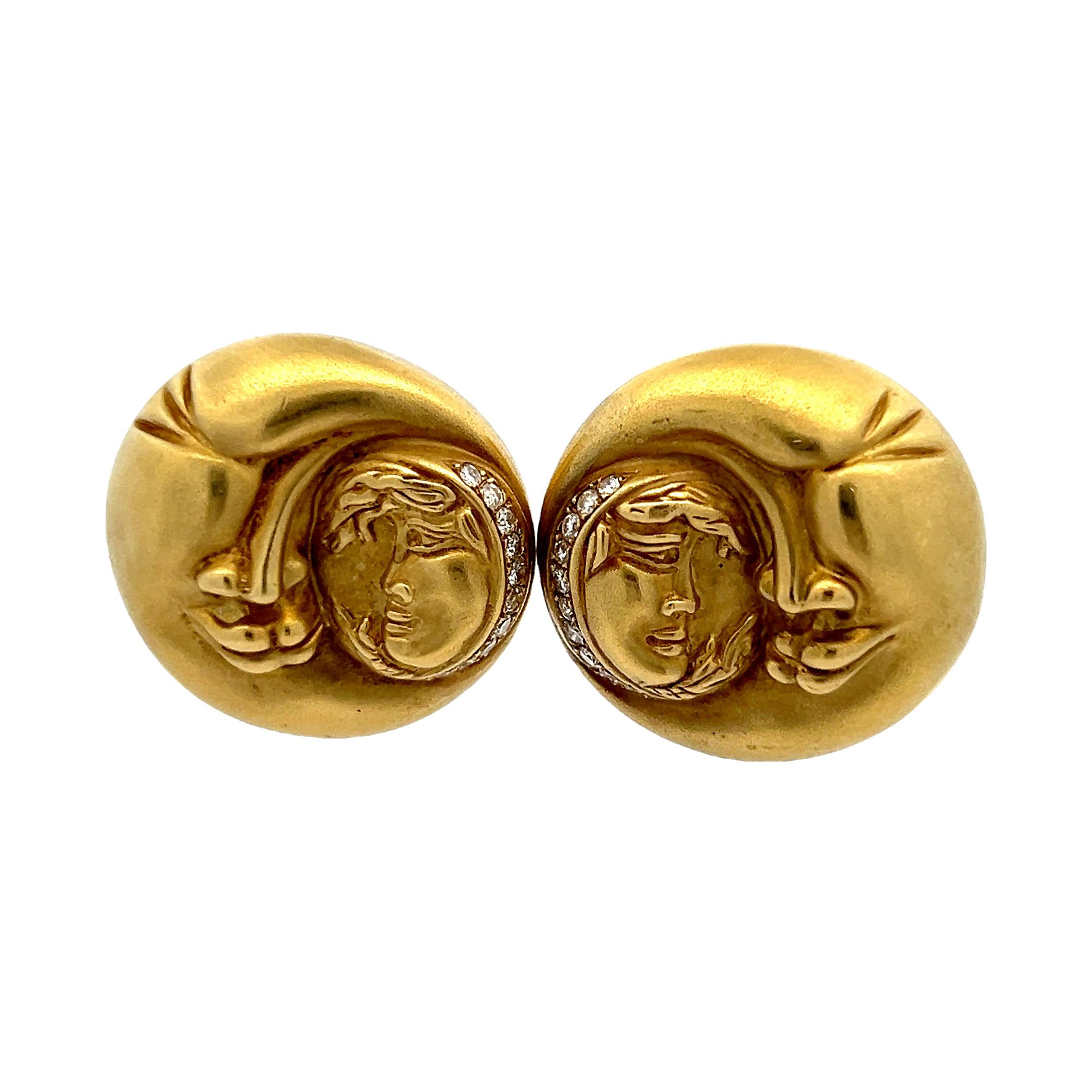 Art Nouveau Vahe Naltchayan, orecchini a clip in oro giallo 18 carati con sole e luna, R-1994, con diamanti in vendita