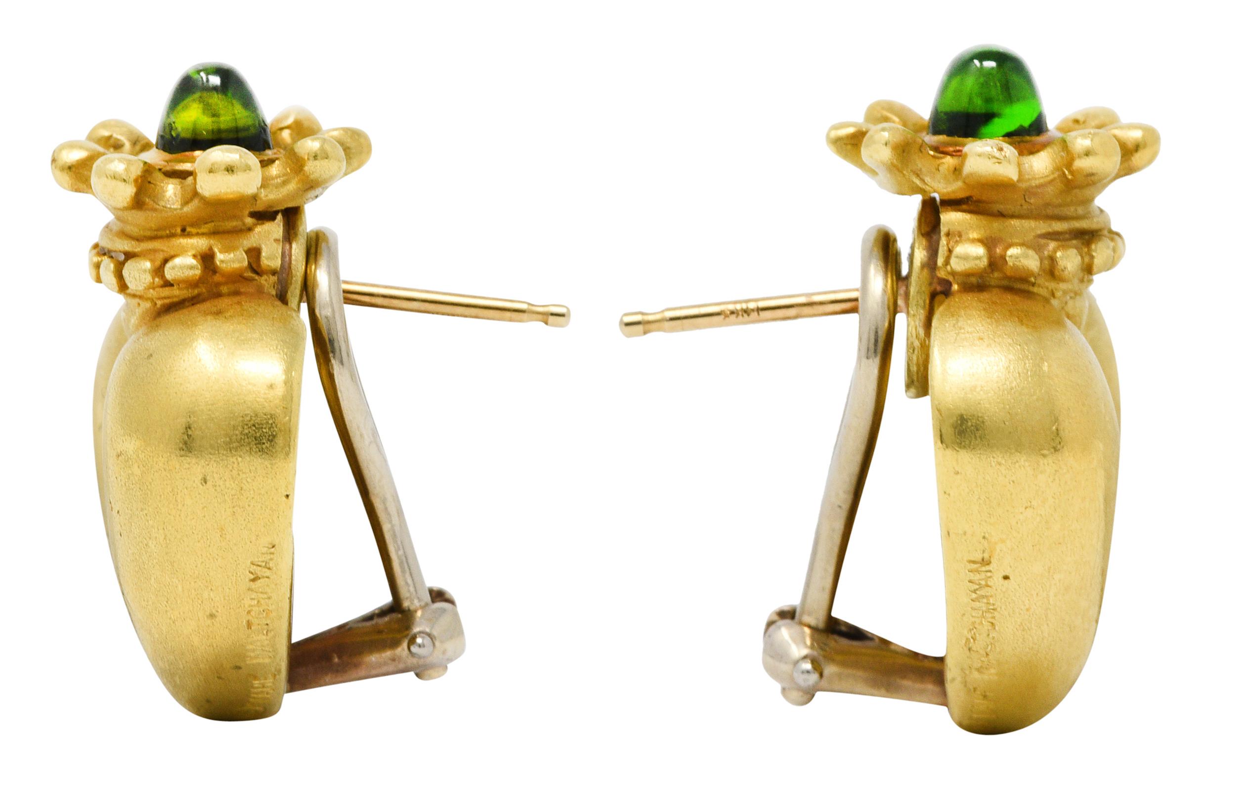 Earrings are designed as a stylized heart topped by a crown

Crown is gold beaded and features a bullet cabochon of green diopside

Completed by posts and hinged omega backs

Stamped 18K for 18 karat gold

Fully signed Vahe Naltchayan

Stamped for