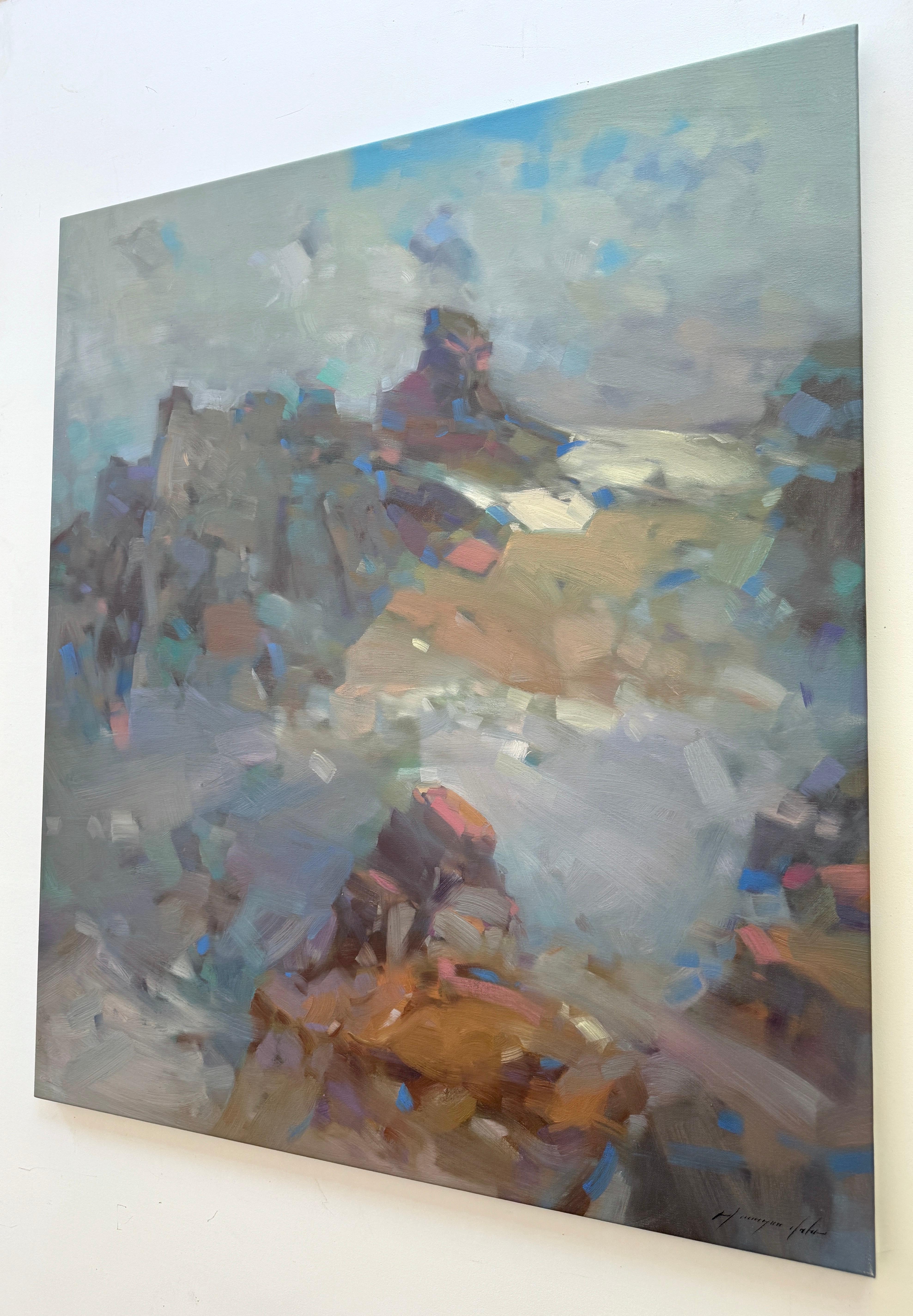 Alpi, Paesaggio, Pittura ad olio originale, pronta da appendere - Landscape Painting Grigio di Vahe Yeremyan
