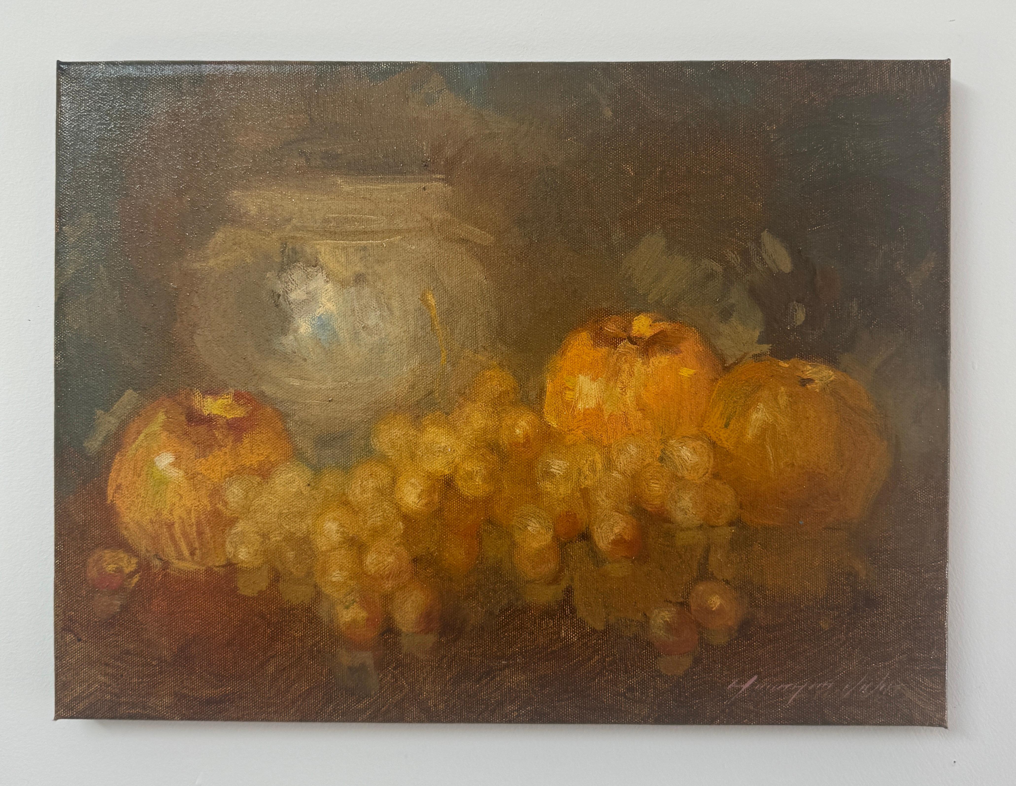 Mele e uva, Natura morta Pittura ad olio originale, pronta da appendere - Painting Impressionismo di Vahe Yeremyan