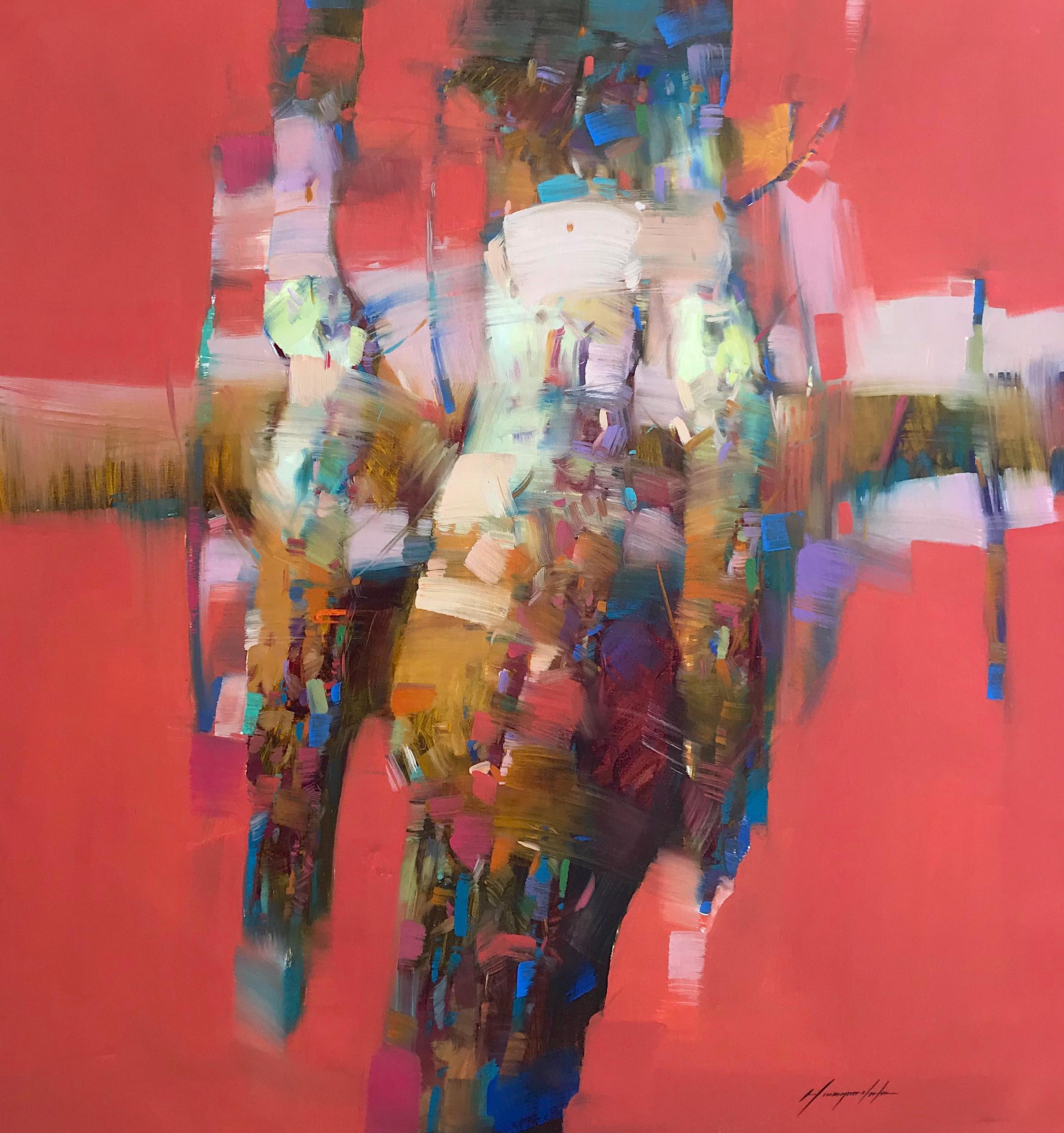 Vahe Yeremyan Landscape Painting - Aspen in Red, Abstract Trees, Modern Original oil Painting, Handmade artwork