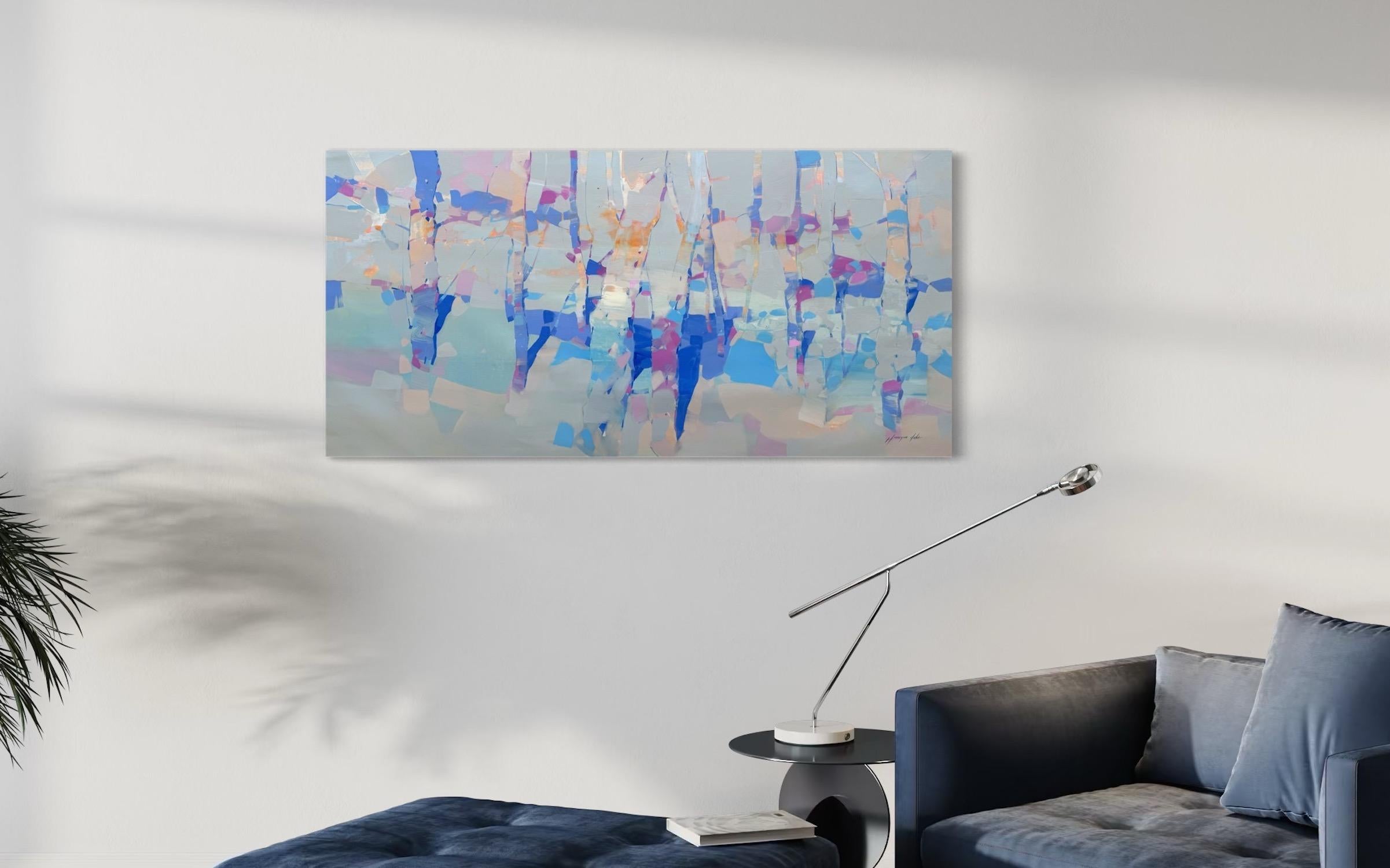 Azure Grove Landscape Impressionism Original oil Painting, Ready to Hang - Gray Landscape Painting by Vahe Yeremyan