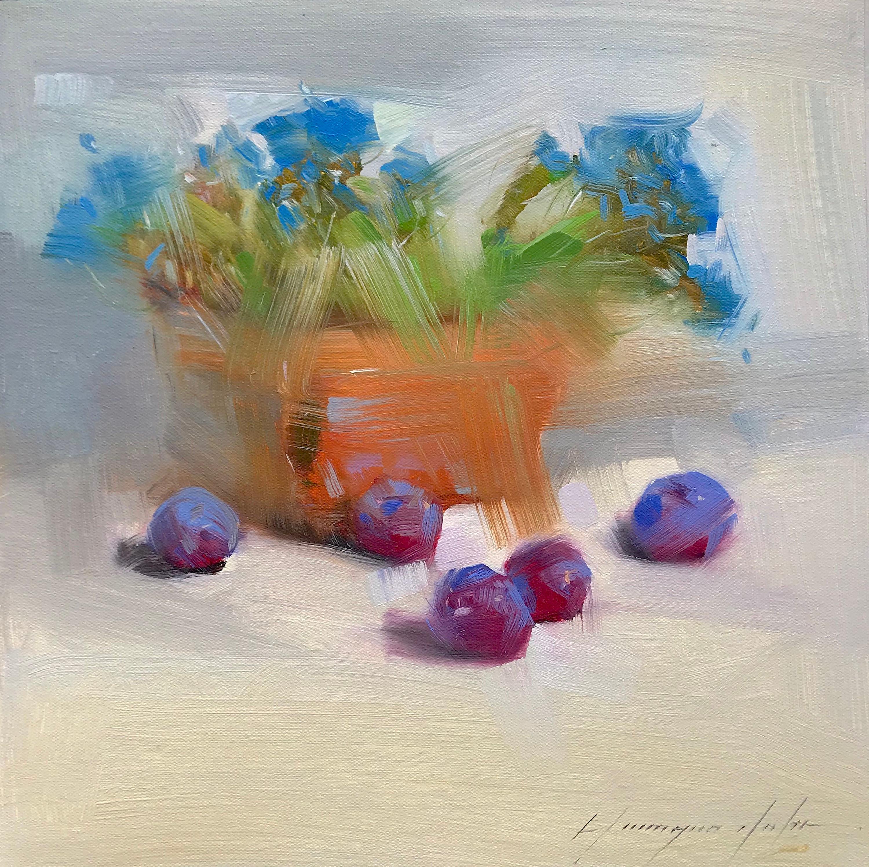 Vahe Yeremyan Still-Life Painting - Basket Flowers, Original Oil Painting, Handmade Artwork
