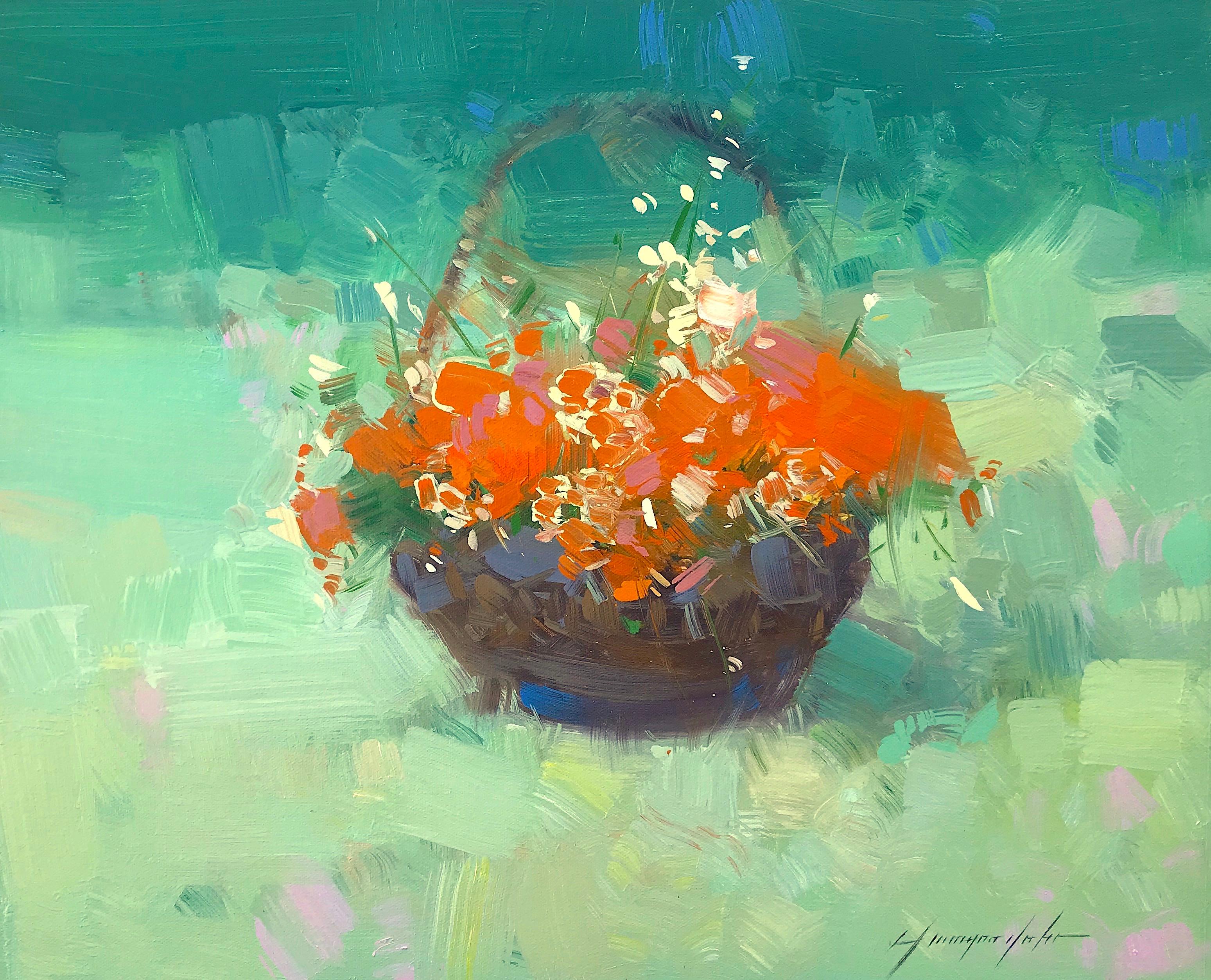 Vahe Yeremyan Still-Life Painting - Basket of Flowers, Original Oil Painting, Handmade Artwork