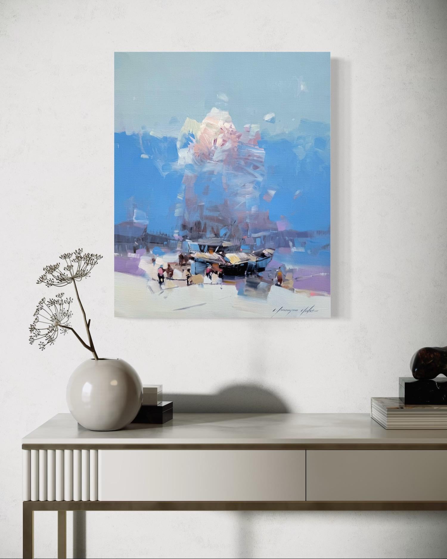 Impressionismo costiero della baia Pittura ad olio originale, pronta da appendere in vendita 1