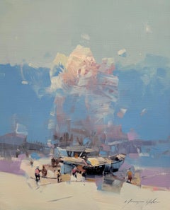 Impressionismo costiero della baia Pittura ad olio originale, pronta da appendere