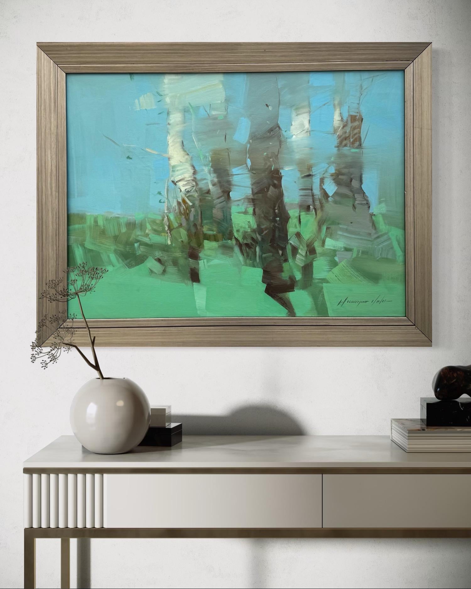 Bouleaux en cobalt Paysage Impressionnisme Peinture originale prête à accrocher en vente 3