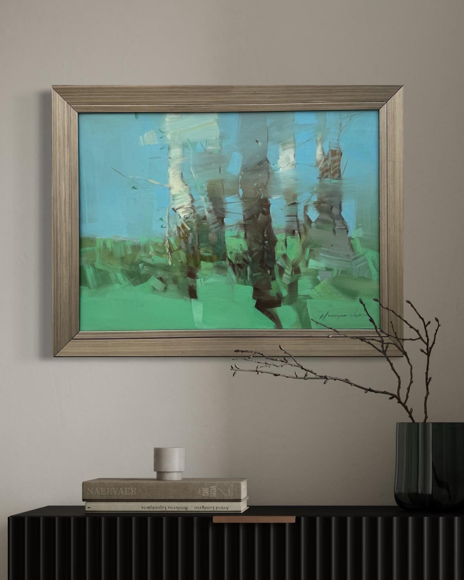 Bouleaux en cobalt Paysage Impressionnisme Peinture originale prête à accrocher en vente 6