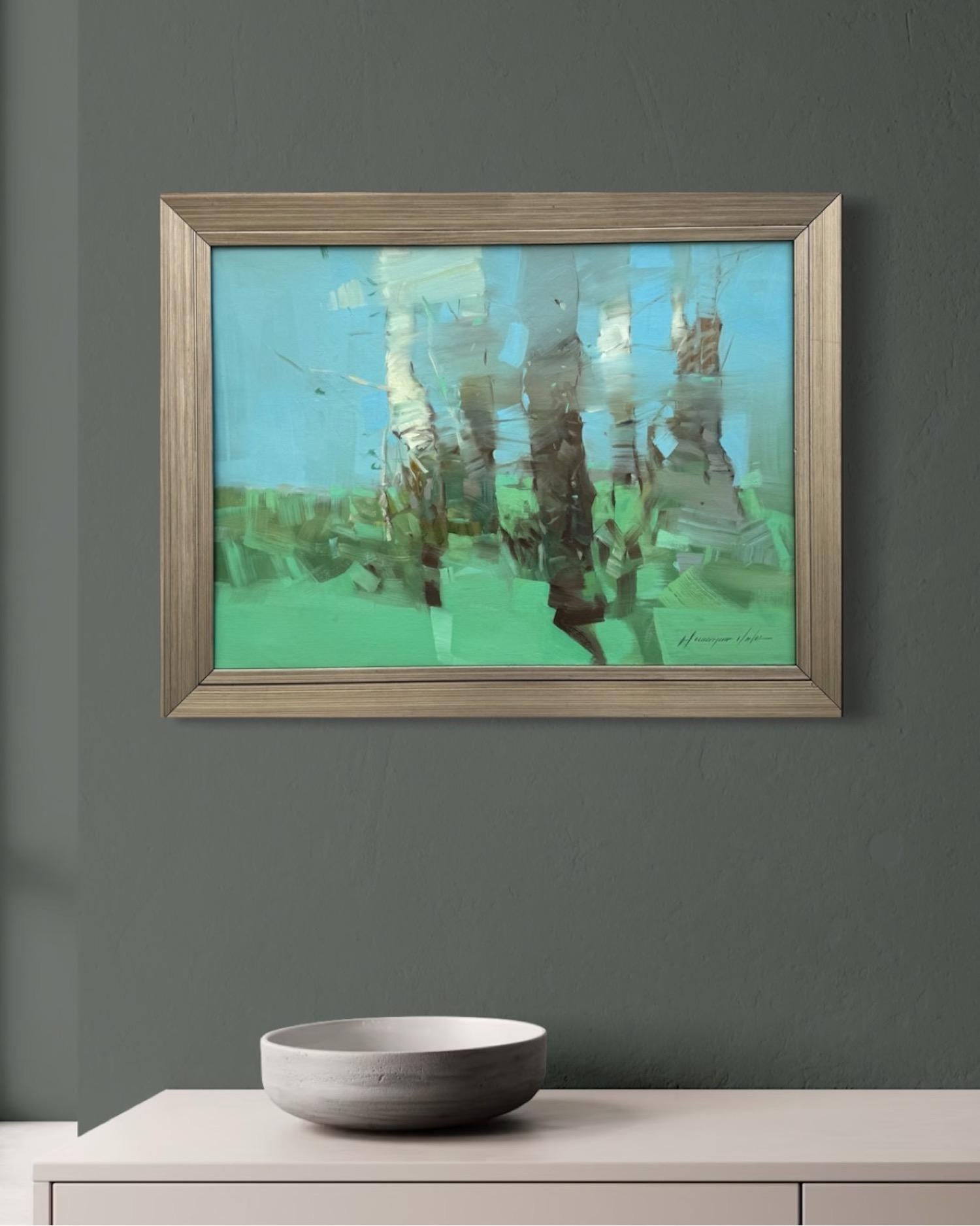 Bouleaux en cobalt Paysage Impressionnisme Peinture originale prête à accrocher - Bleu Landscape Painting par Vahe Yeremyan