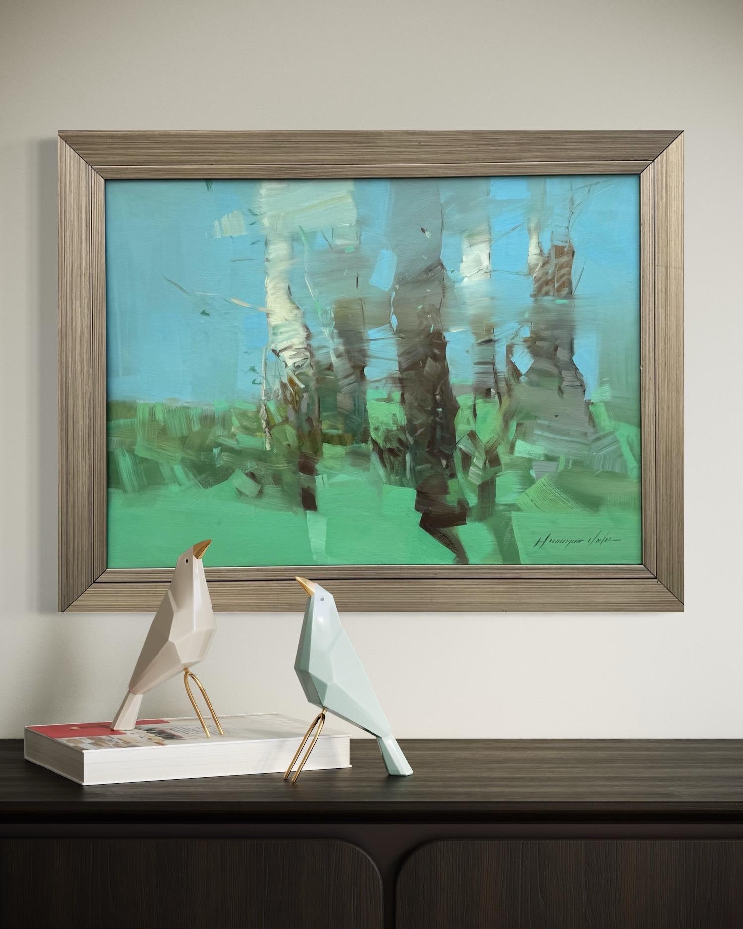 Bouleaux en cobalt Paysage Impressionnisme Peinture originale prête à accrocher en vente 1