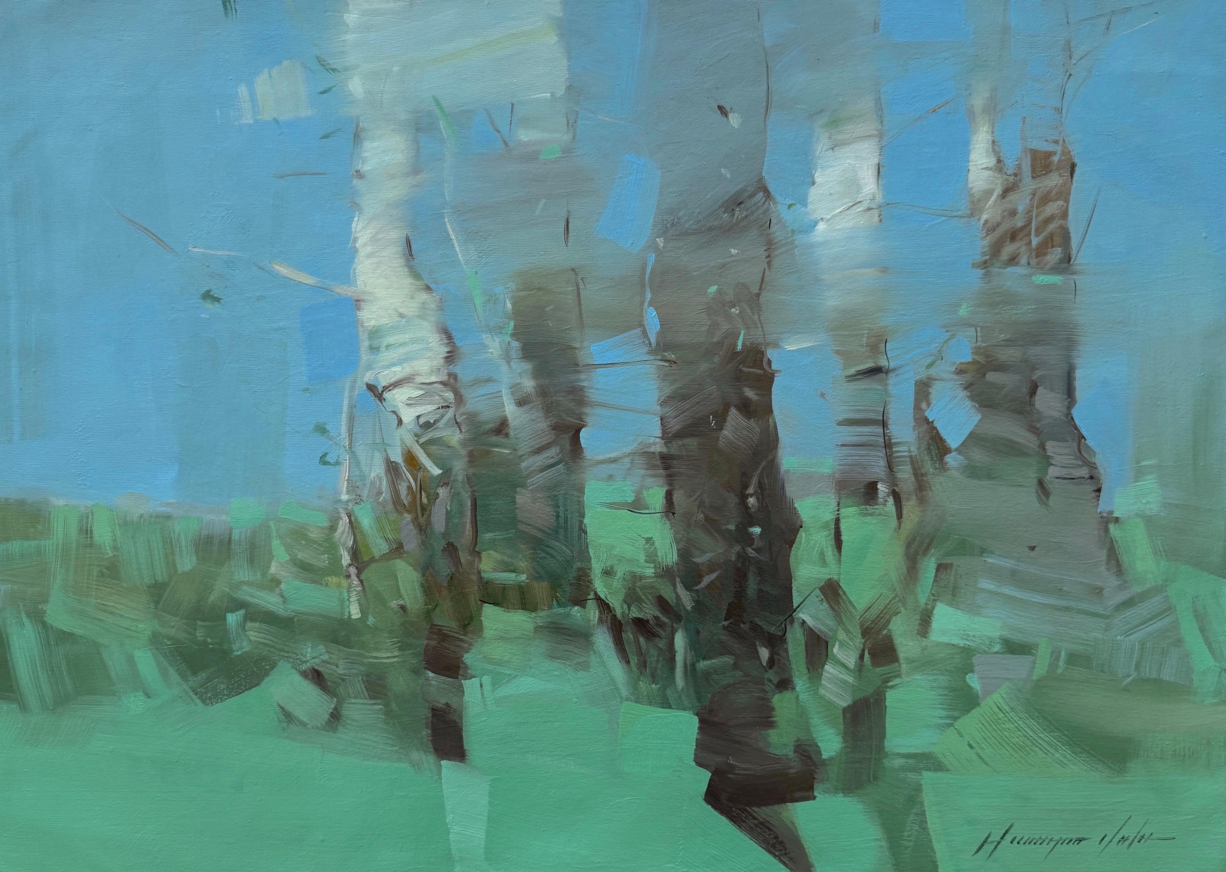 Birken in Kobalt Landschaft Impressionismus Originalgemälde zum Aufhängen