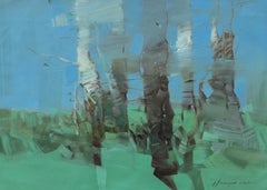 Birken in Kobalt Landschaft Impressionismus Originalgemälde zum Aufhängen