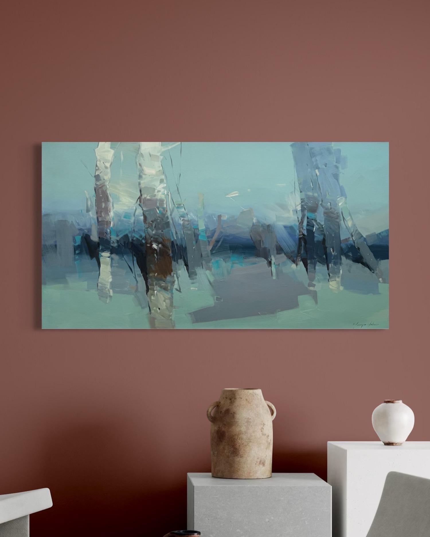 Bouleaux au clair de lune Peinture impressionniste originale prête à être accrochée - Impressionnisme Painting par Vahe Yeremyan