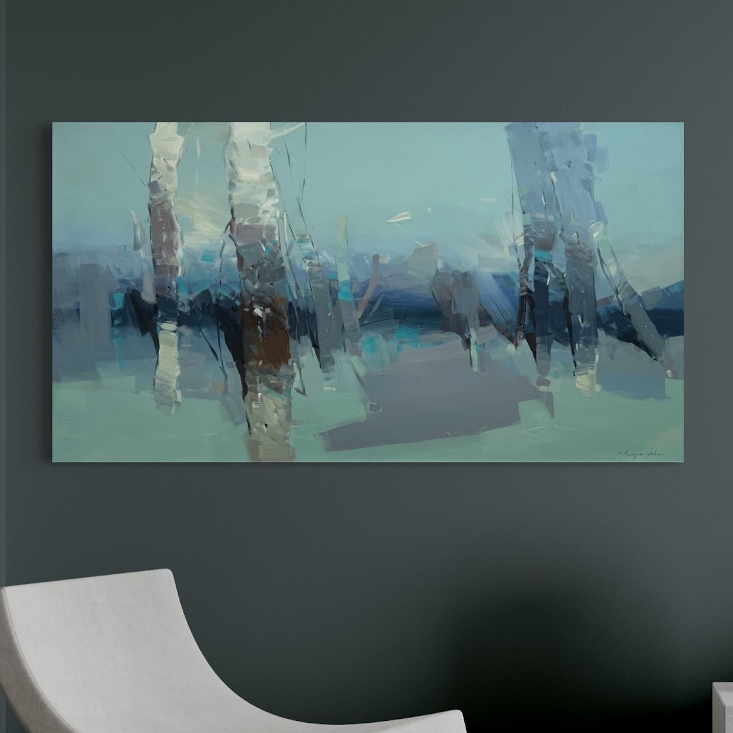 Bouleaux au clair de lune Peinture impressionniste originale prête à être accrochée - Bleu Landscape Painting par Vahe Yeremyan