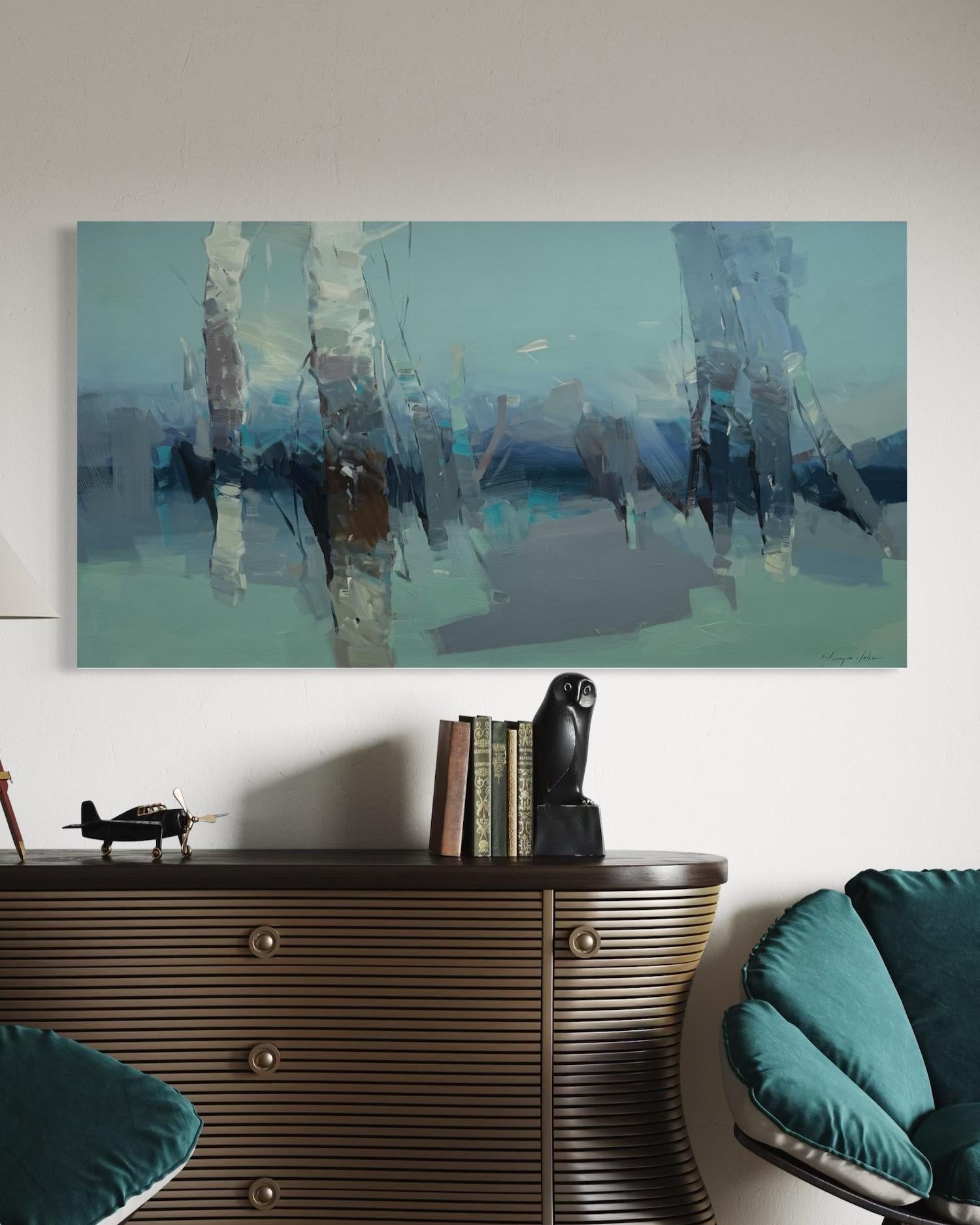 Bouleaux au clair de lune Peinture impressionniste originale prête à être accrochée en vente 2