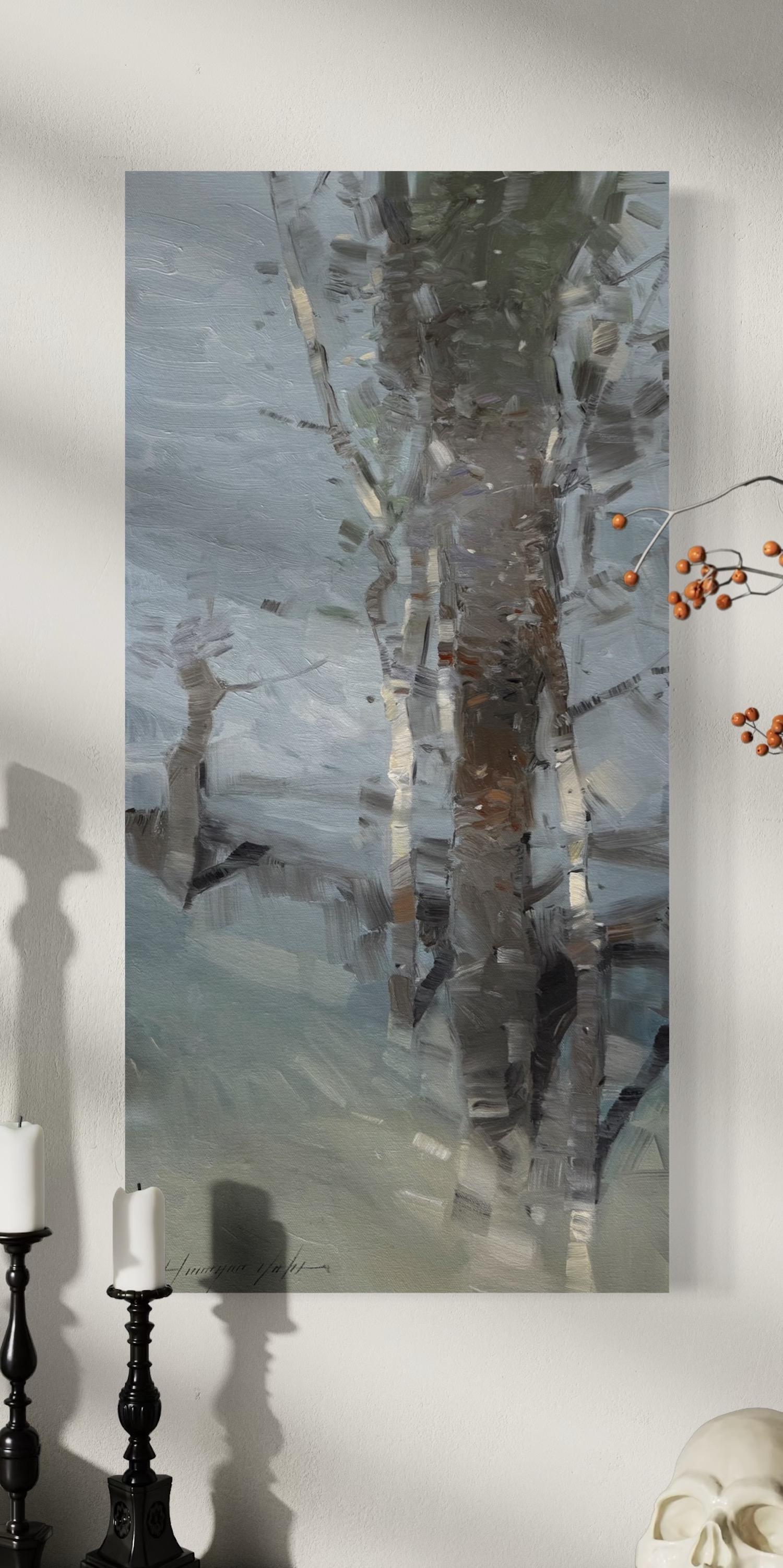 Paysage de bouleaux Impressionnisme Peinture à l'huile originale, prête à être accrochée - Gris Landscape Painting par Vahe Yeremyan
