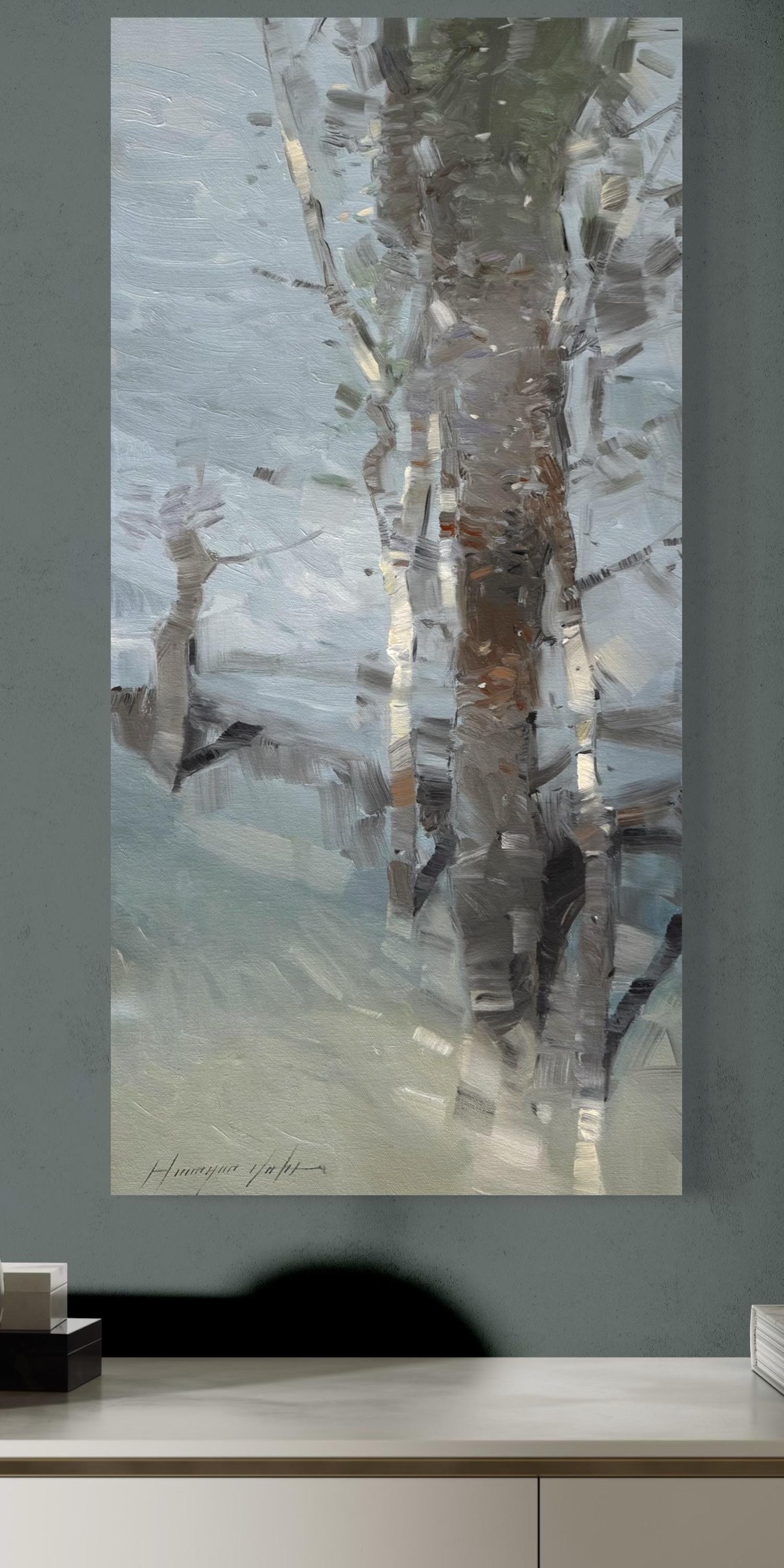 Paysage de bouleaux Impressionnisme Peinture à l'huile originale, prête à être accrochée en vente 1