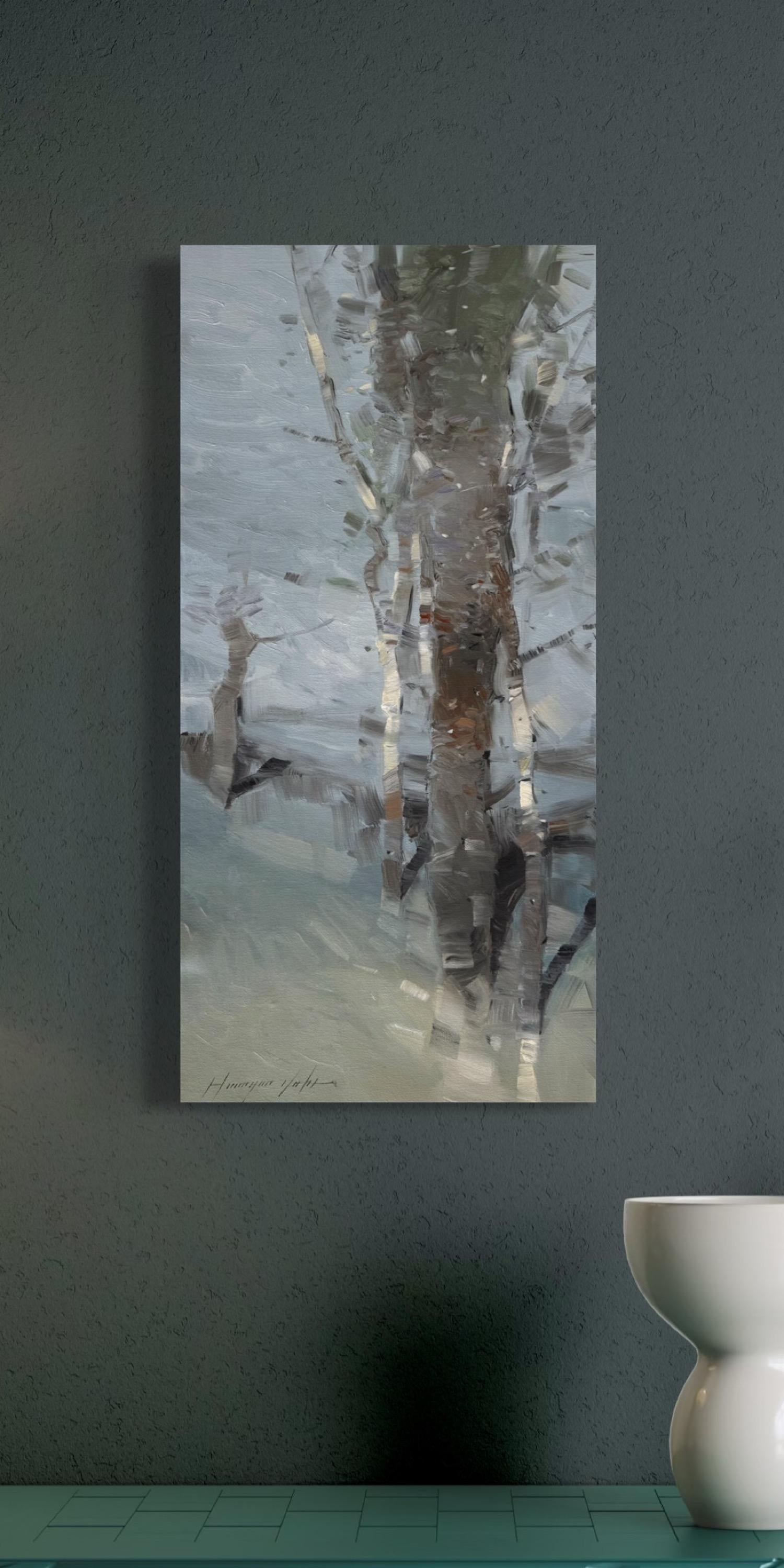 Paysage de bouleaux Impressionnisme Peinture à l'huile originale, prête à être accrochée en vente 2