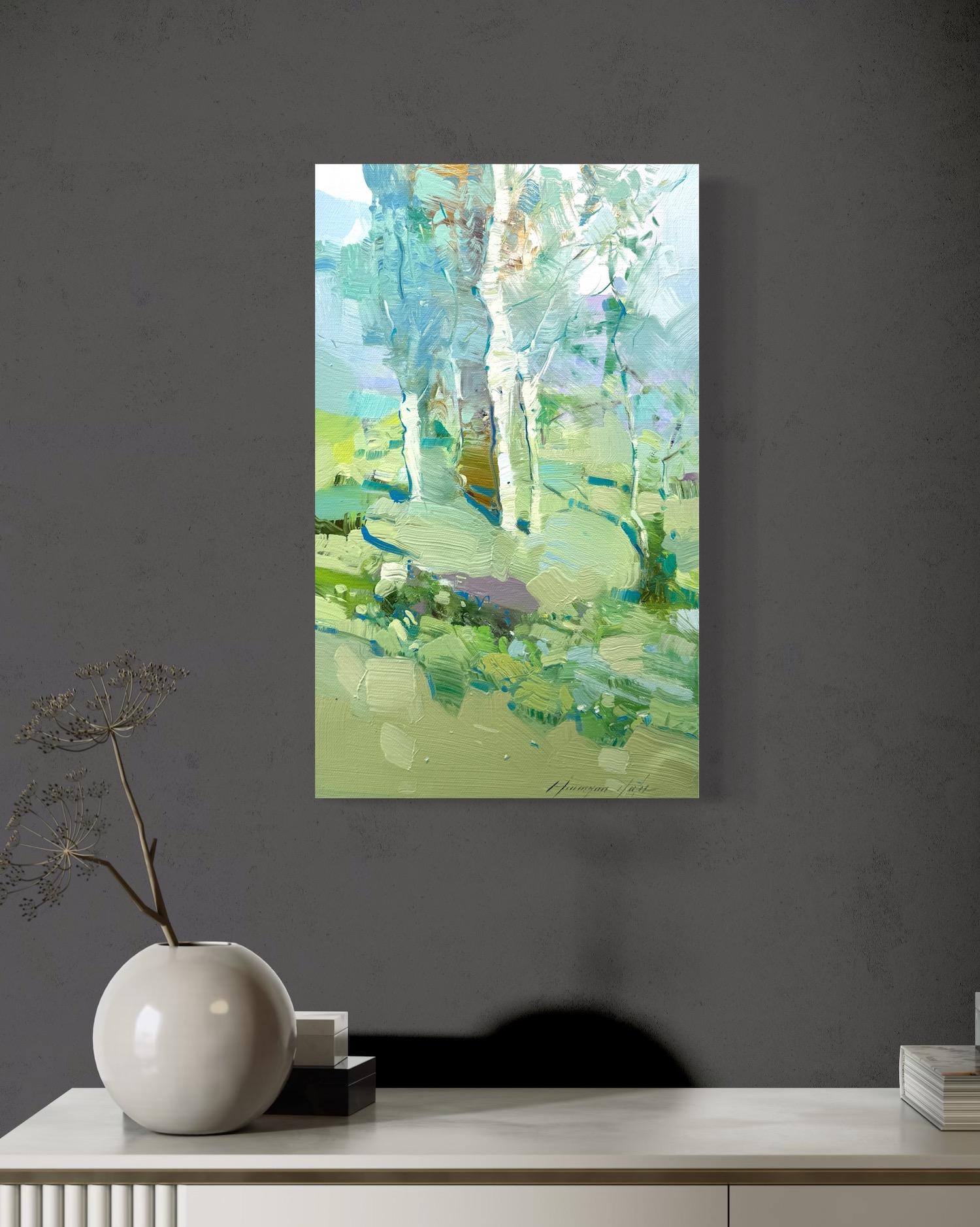 Birches landscape Original oil Painting, Ready to Hang - Gray Landscape Painting by Vahe Yeremyan