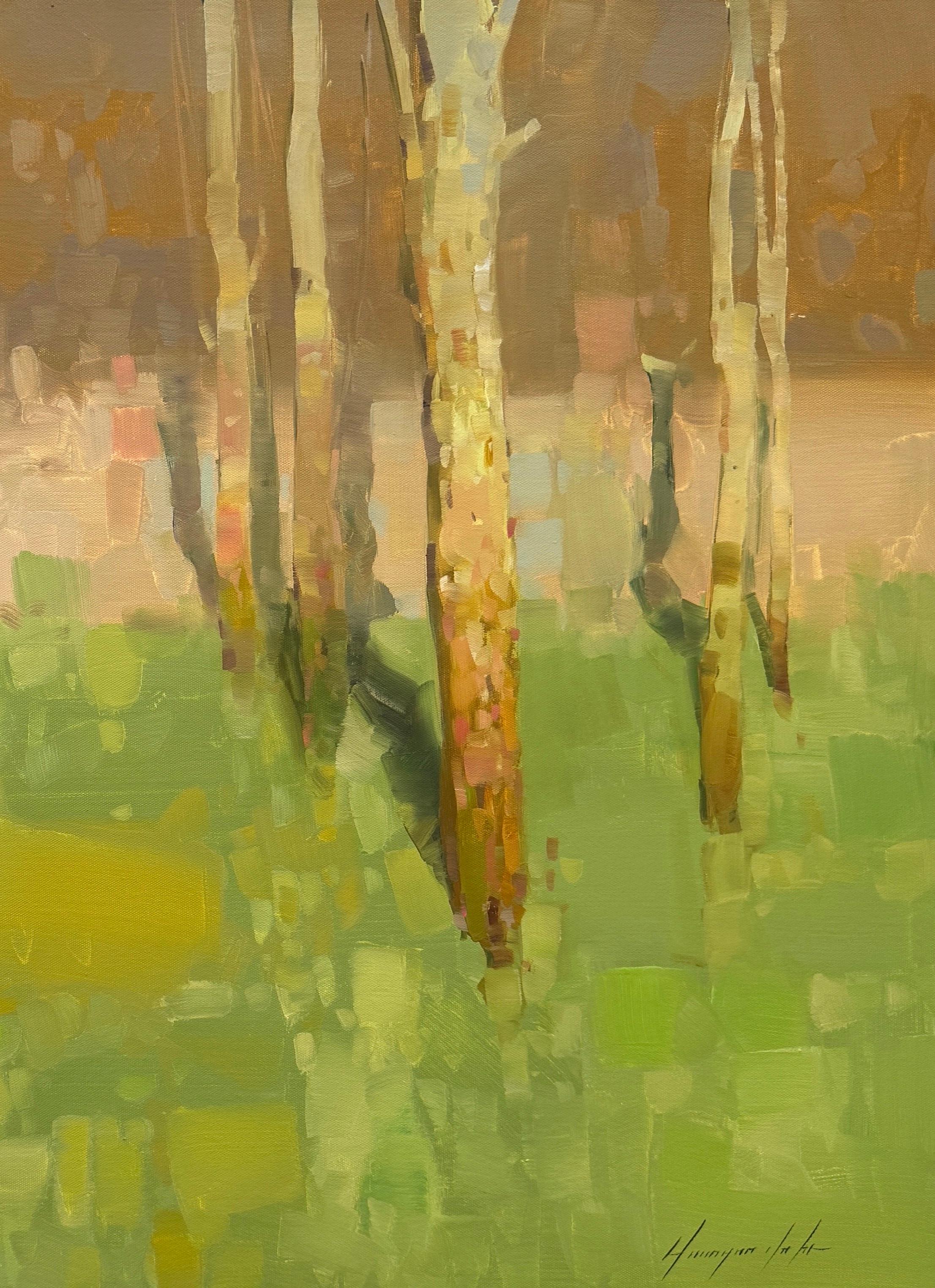 Alberi di betulle, Impressionismo Pittura ad olio originale, pronta da appendere - Landscape Painting Marrone di Vahe Yeremyan