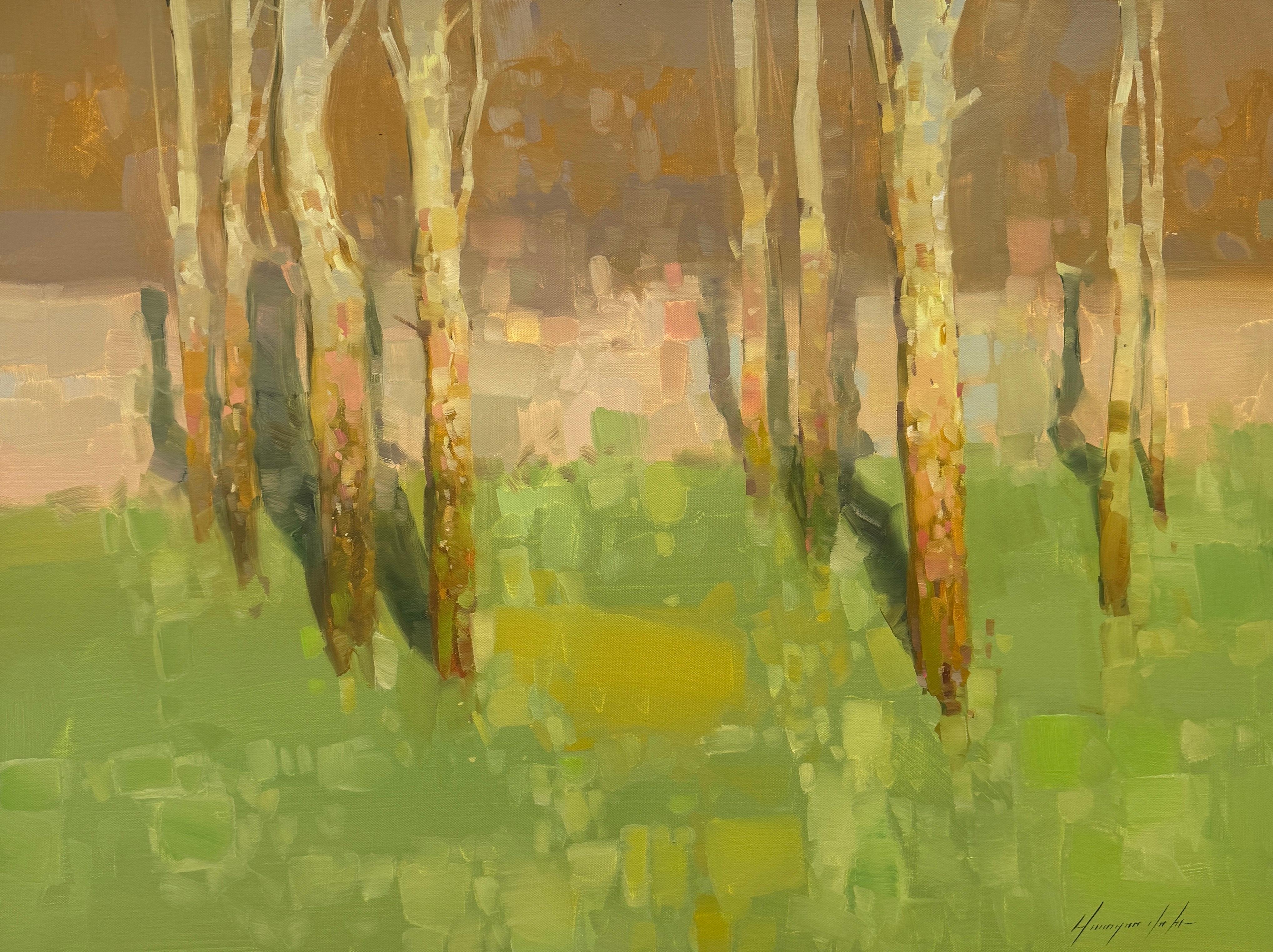 Landscape Painting di Vahe Yeremyan - Alberi di betulle, Impressionismo Pittura ad olio originale, pronta da appendere