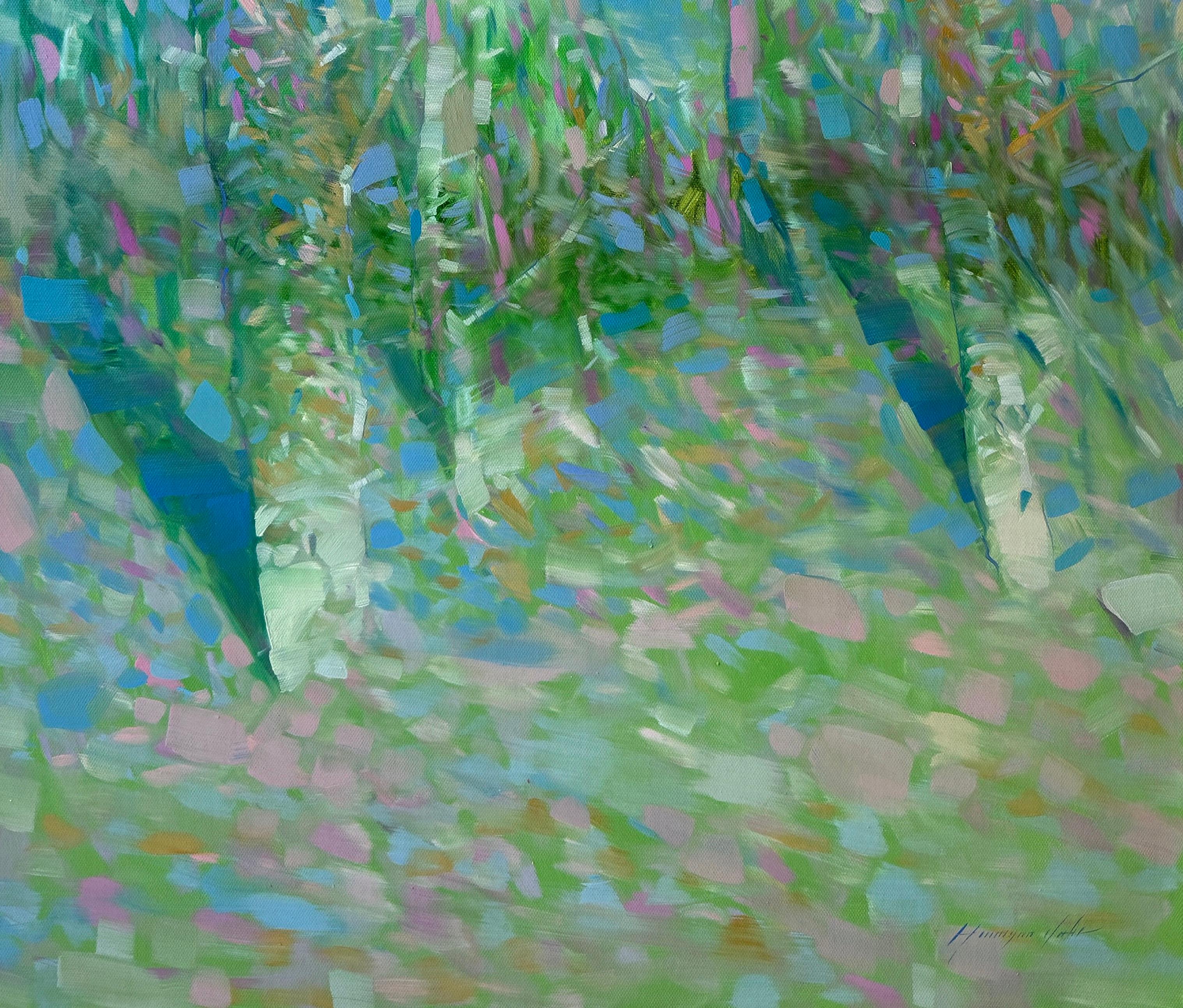Peinture à l'huile originale, Période de floraison, arbres de paysage, prête à accrocher - Bleu Landscape Painting par Vahe Yeremyan